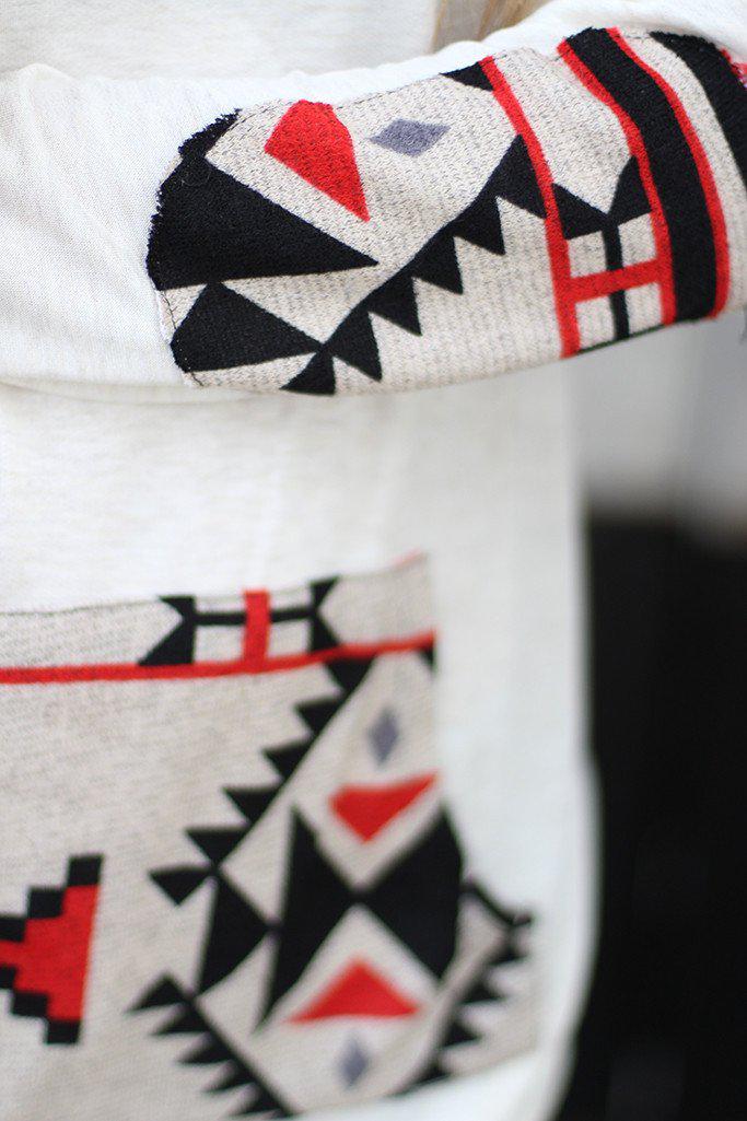 Soft Ivory Aztec Printed Hoodie with Front Pocket and Elbow Patches