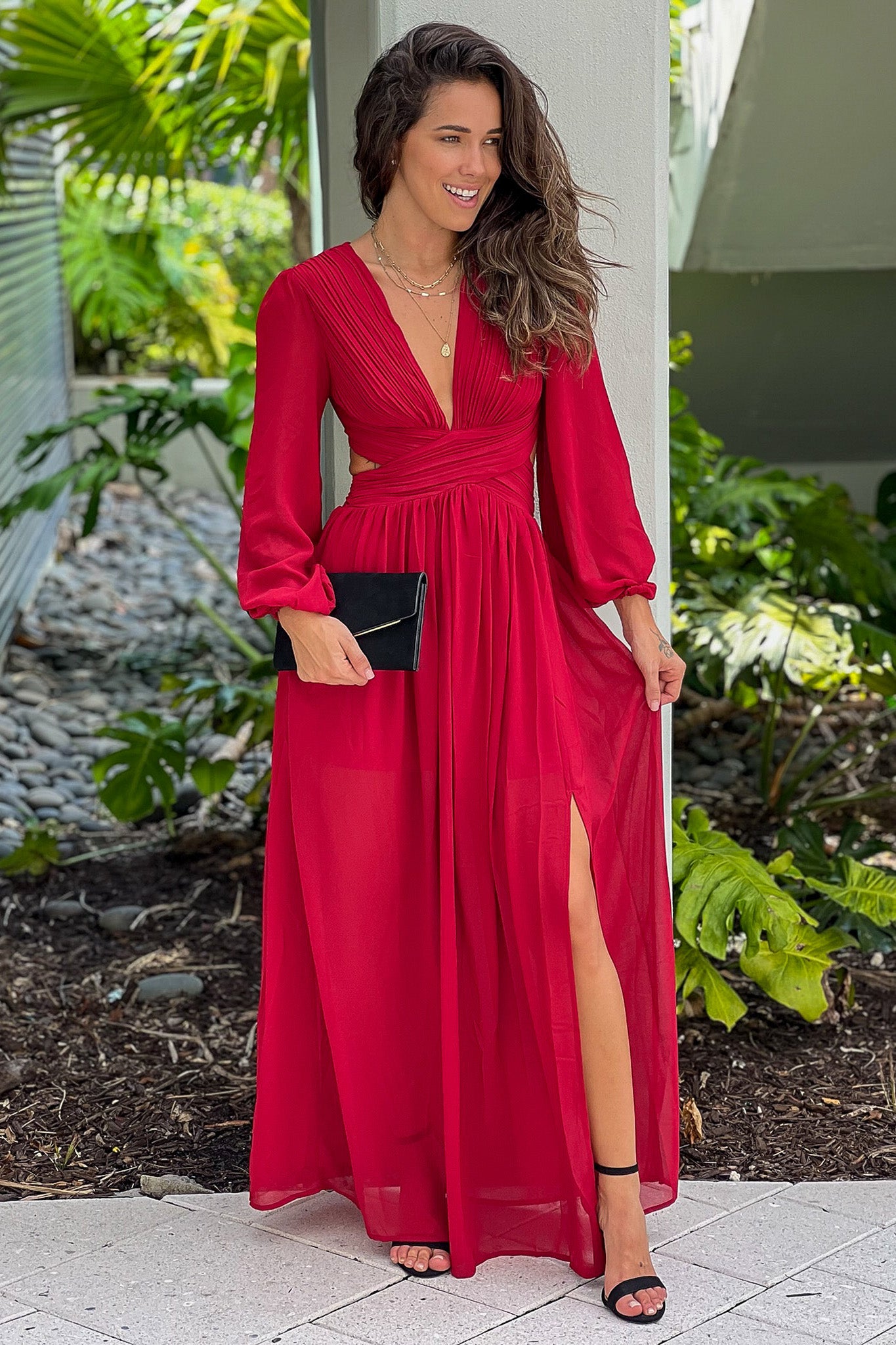 Stylish Burgundy Pleated V-Neck Long Maxi Dress for Women