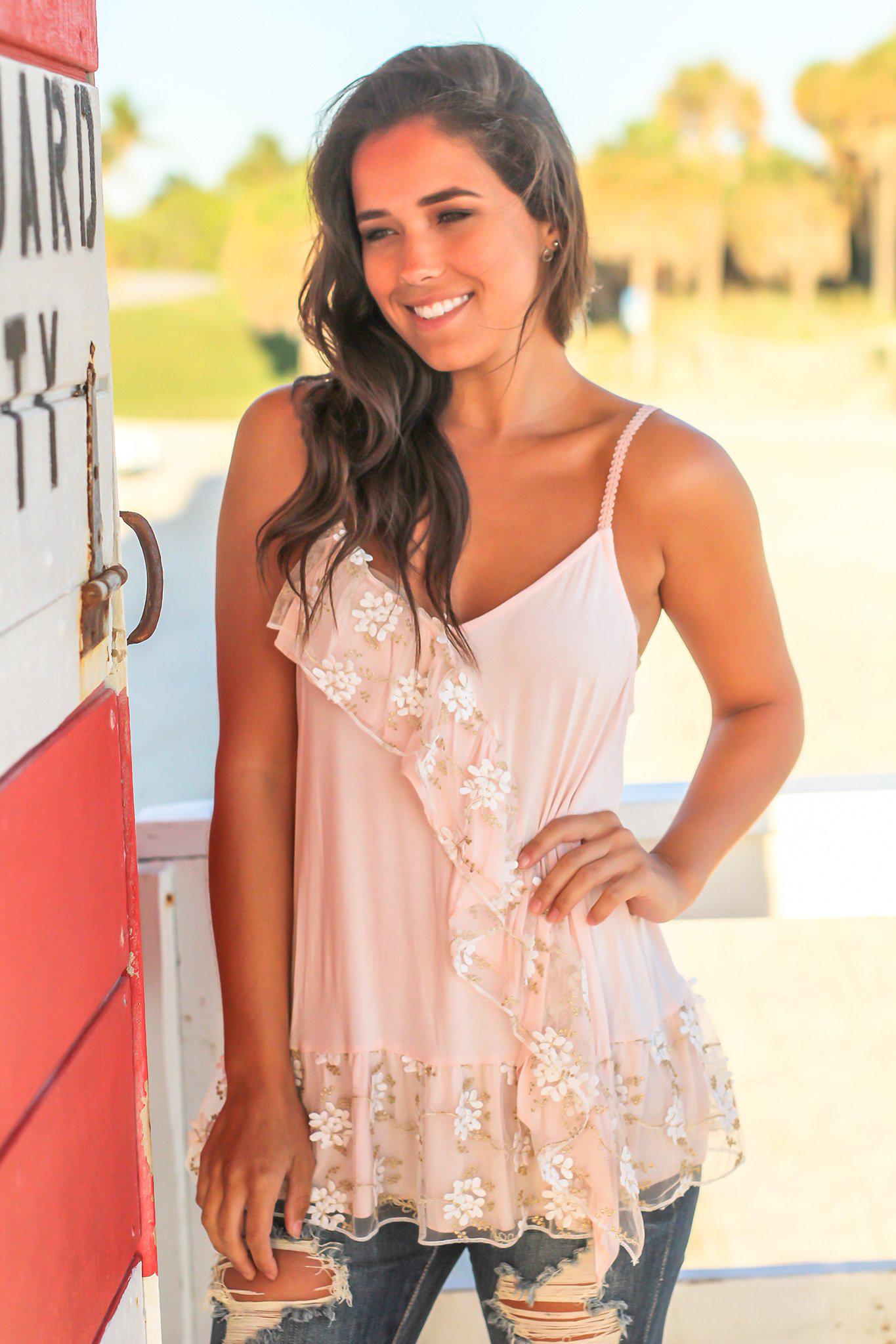 Adorable Women's Blush-colored Sleeveless Top with Floral and Ruffle Details