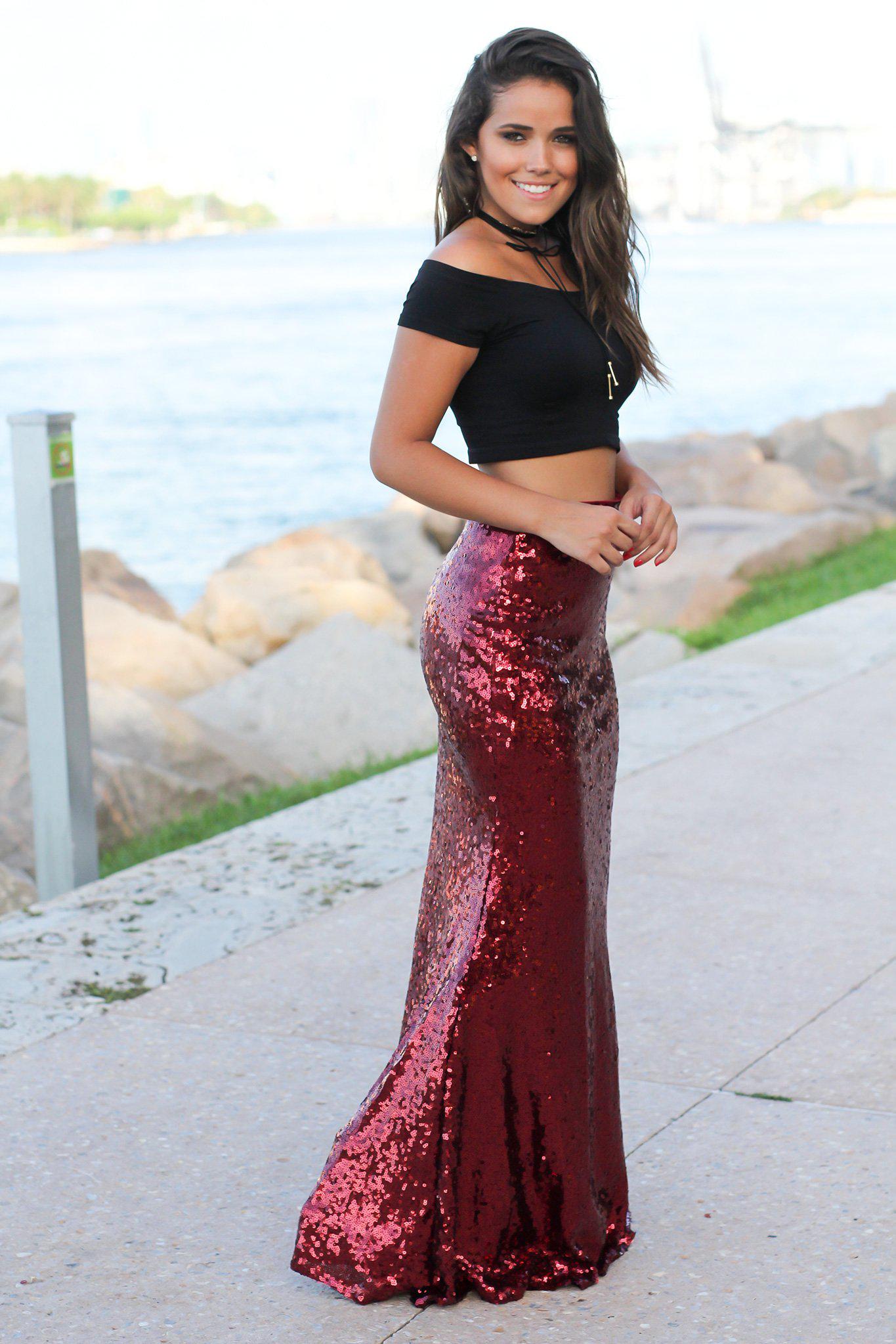 Gorgeous Burgundy Sequined Floor-Length Mermaid Maxi Skirt