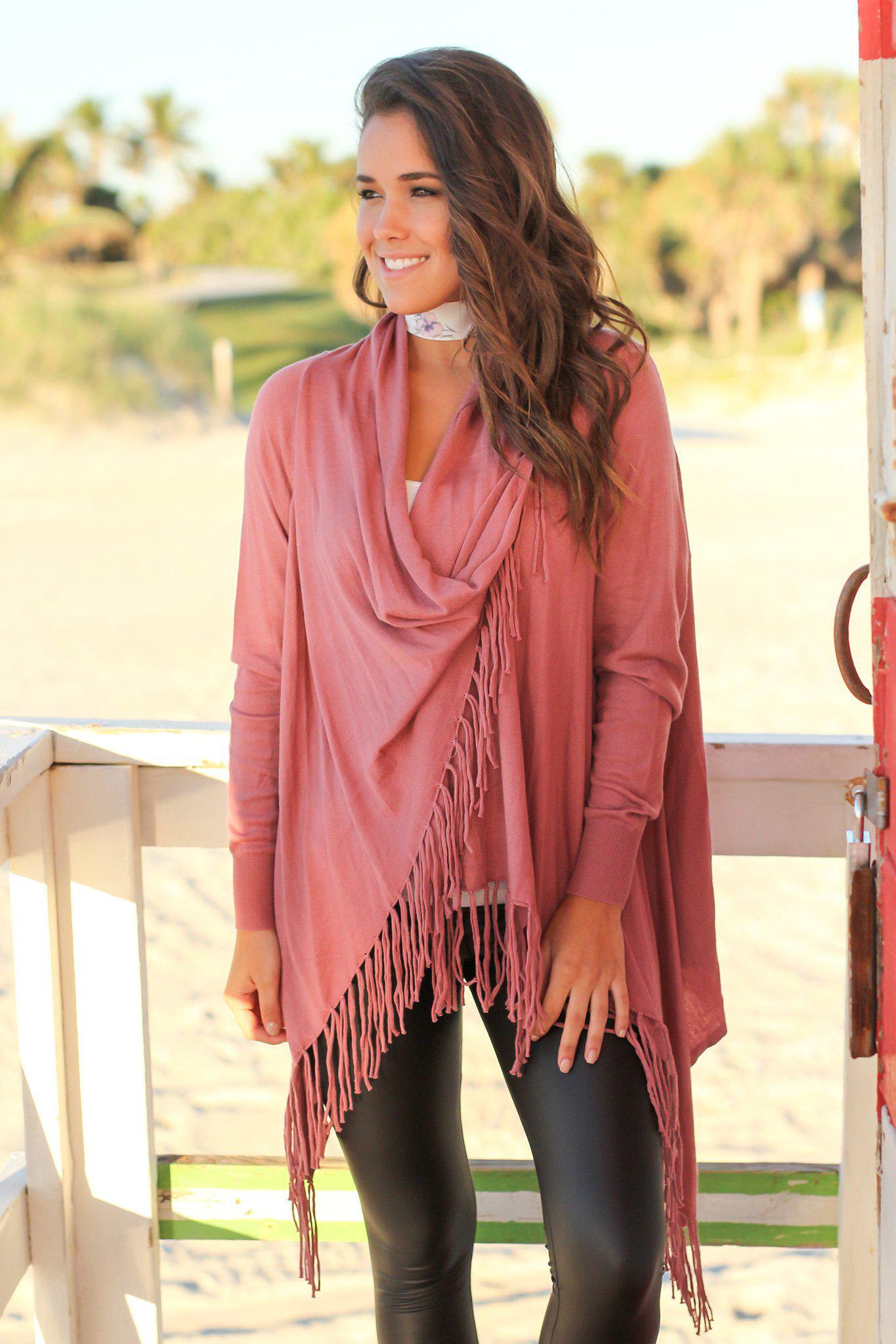 Stylish Mauve Fringe Long - Sleeve Cardigan for All - Occasion Wear