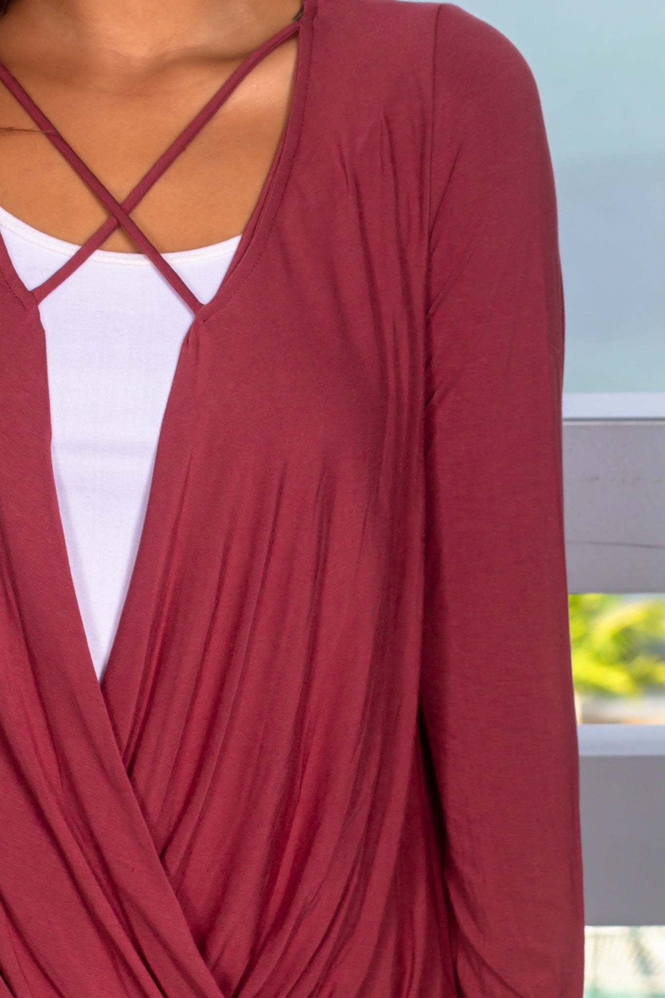 Gorgeous Maroon Long - Sleeved Criss - Cross Draped Fashion Top