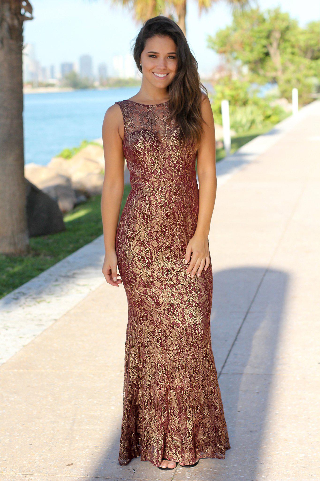 Stunning Burgundy Maxi Dress with Gold Lace and Open Back Design