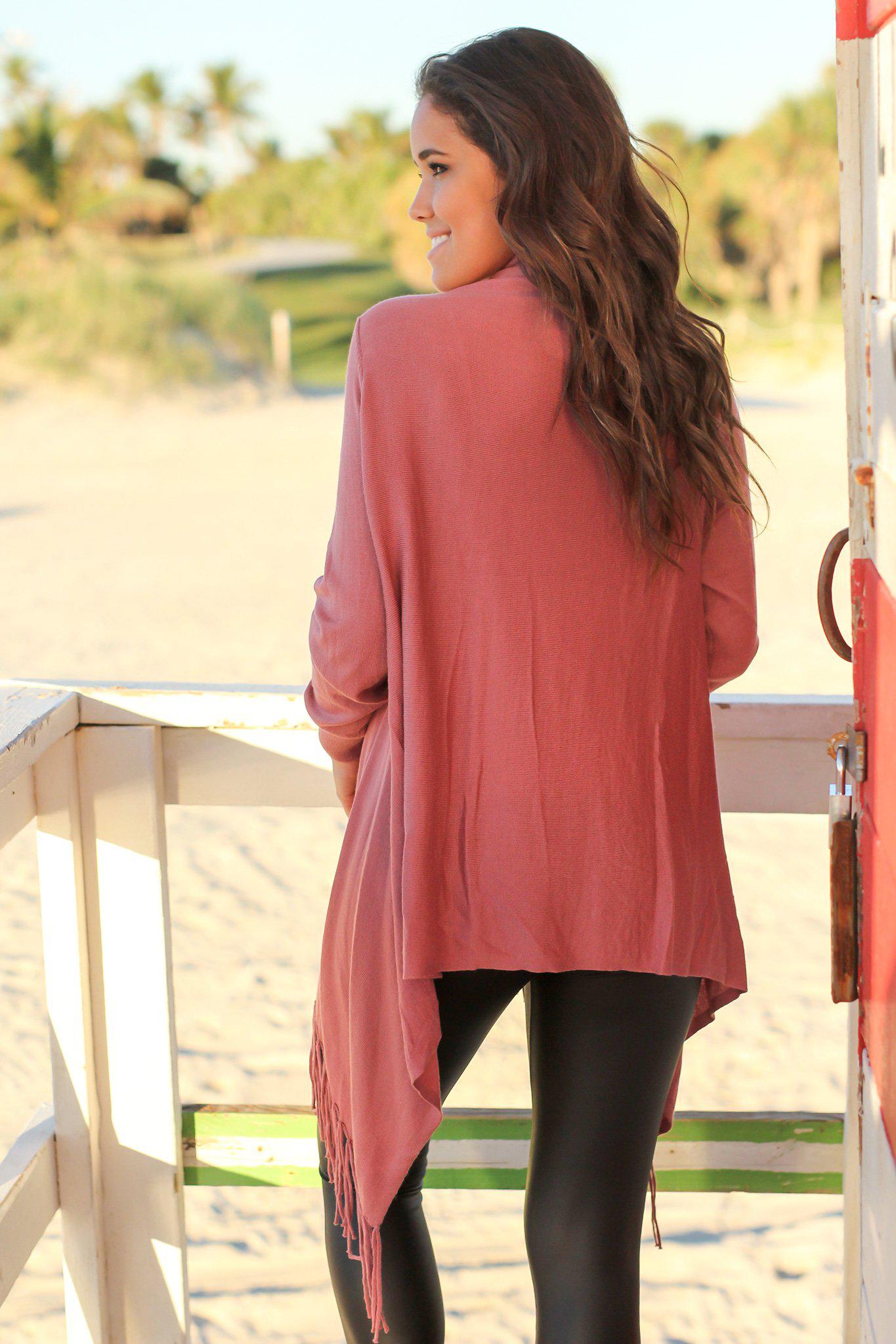 Stylish Mauve Fringe Long - Sleeve Cardigan for All - Occasion Wear