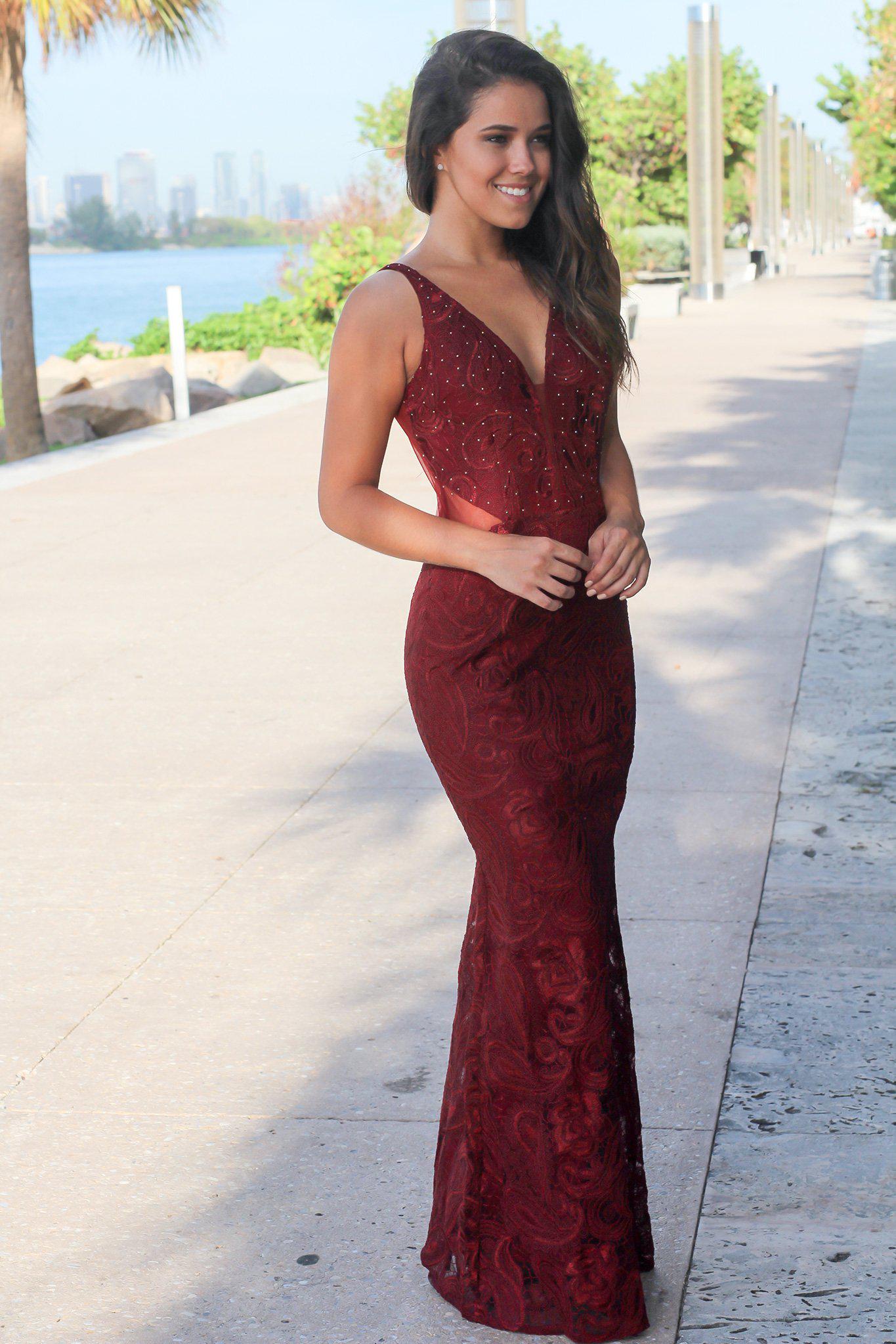 Gorgeous Burgundy Lace Mermaid Maxi Dress with Mesh Back and Gold Dot Details