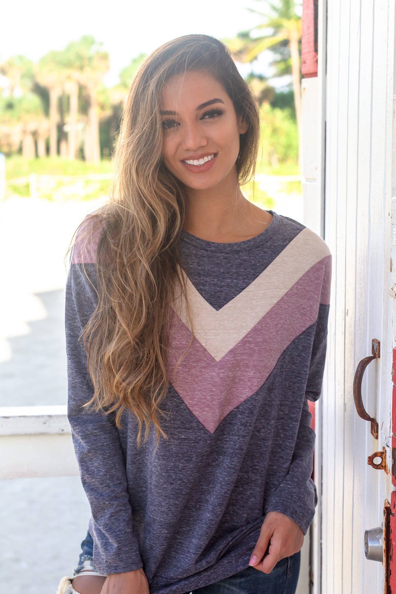 Stylish Charcoal Chevron Print Long - Sleeve Fall Sweater