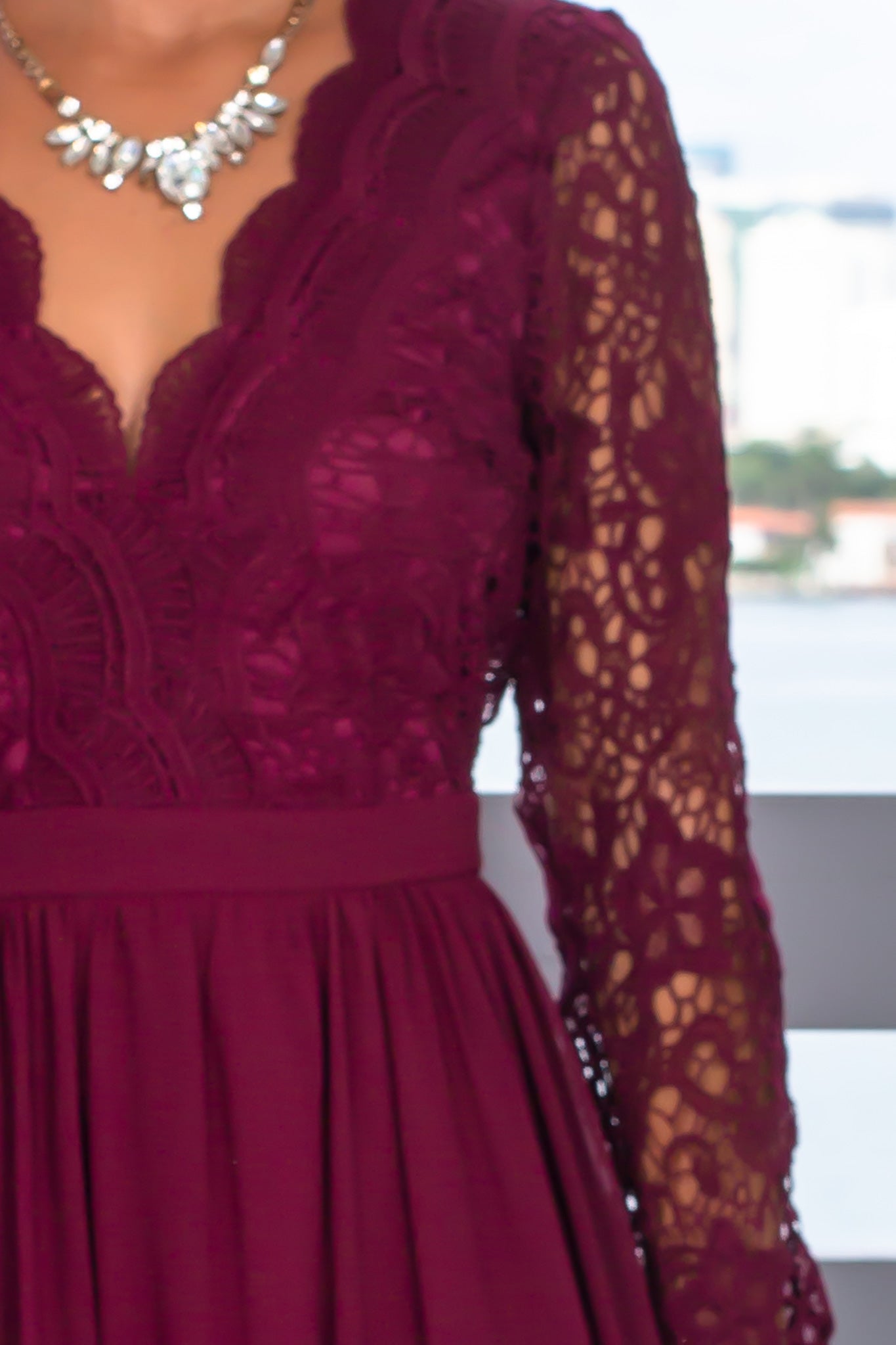 Stunning Burgundy Long - Sleeved Crochet Maxi Dress for Formal Events