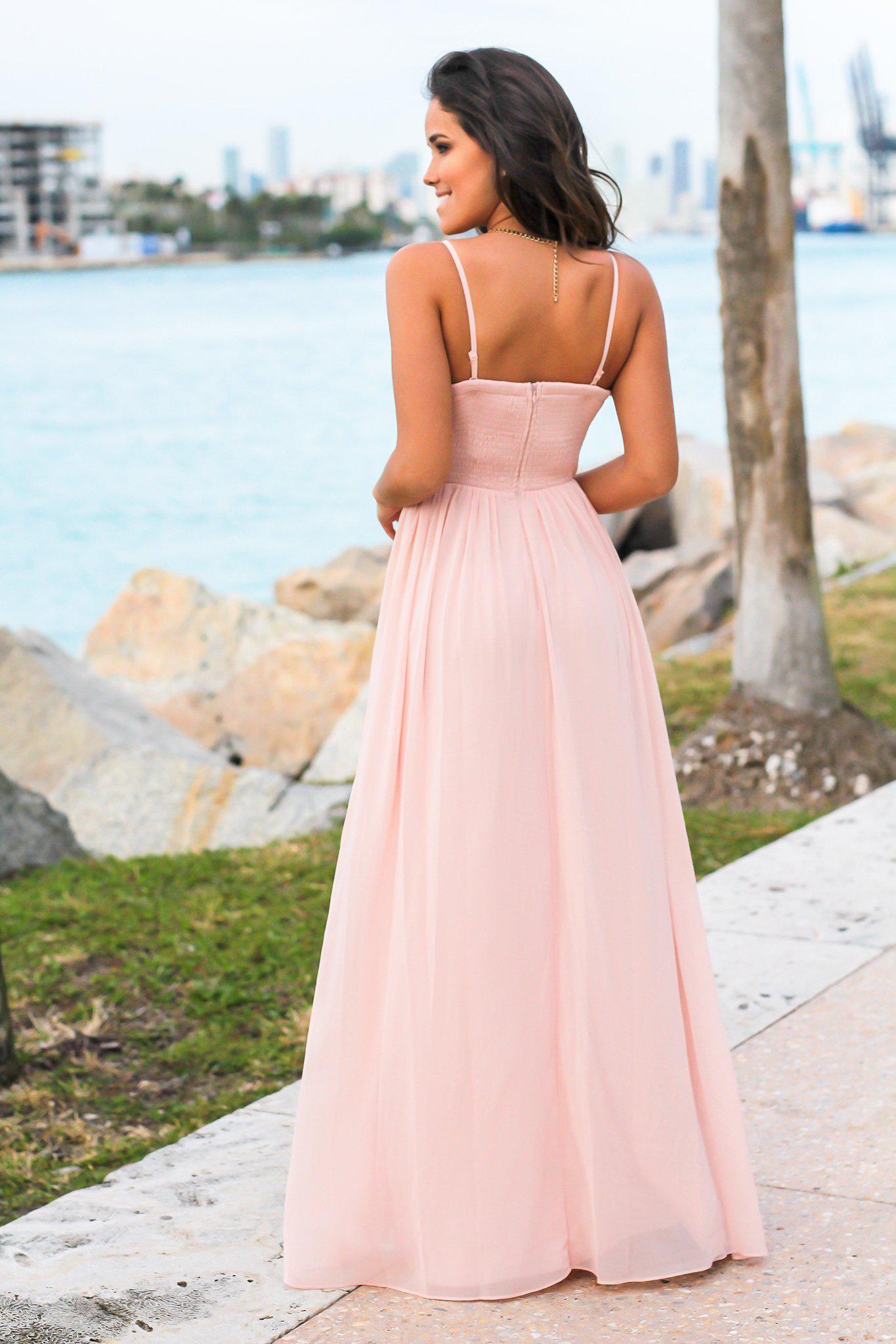 Gorgeous Blush Strapless Crochet - Top Maxi Dress with Flowy Skirt