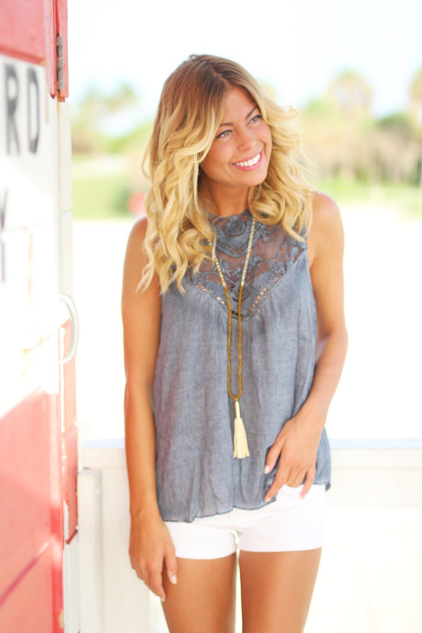 Faded Charcoal Sleeveless Loose-Fit Lace Top with Neckline Detail