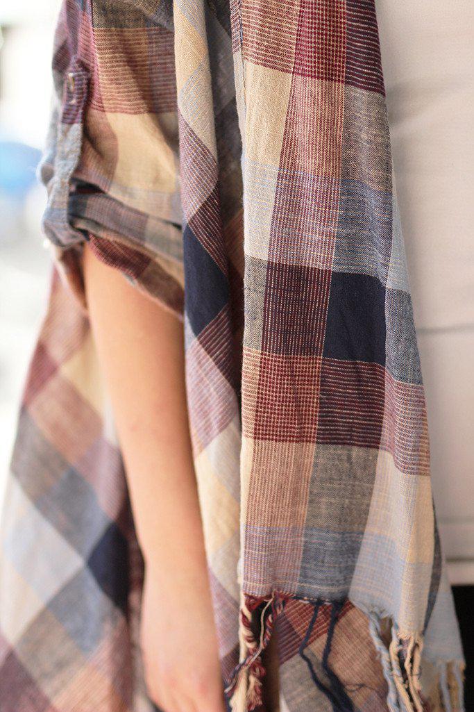 Stylish Burgundy and Navy Checkered Fringe Women's Cardigan for All Seasons