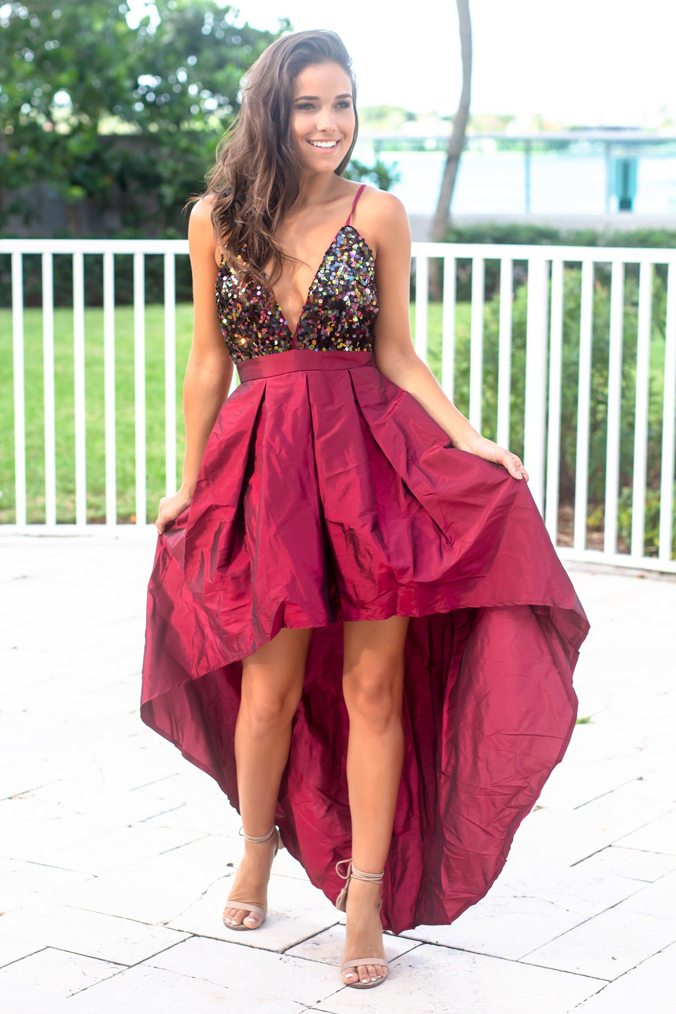 Gorgeous Burgundy Sequin Top High Low Women's Evening Dress with Functional Pockets