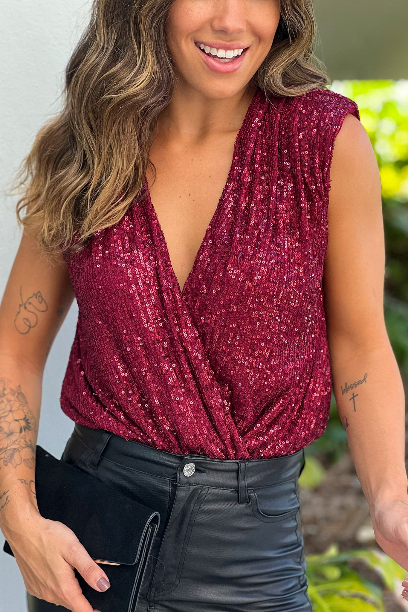 Gorgeous Burgundy Sleeveless Sparkling Sequin Bodysuit for Fashion Lovers