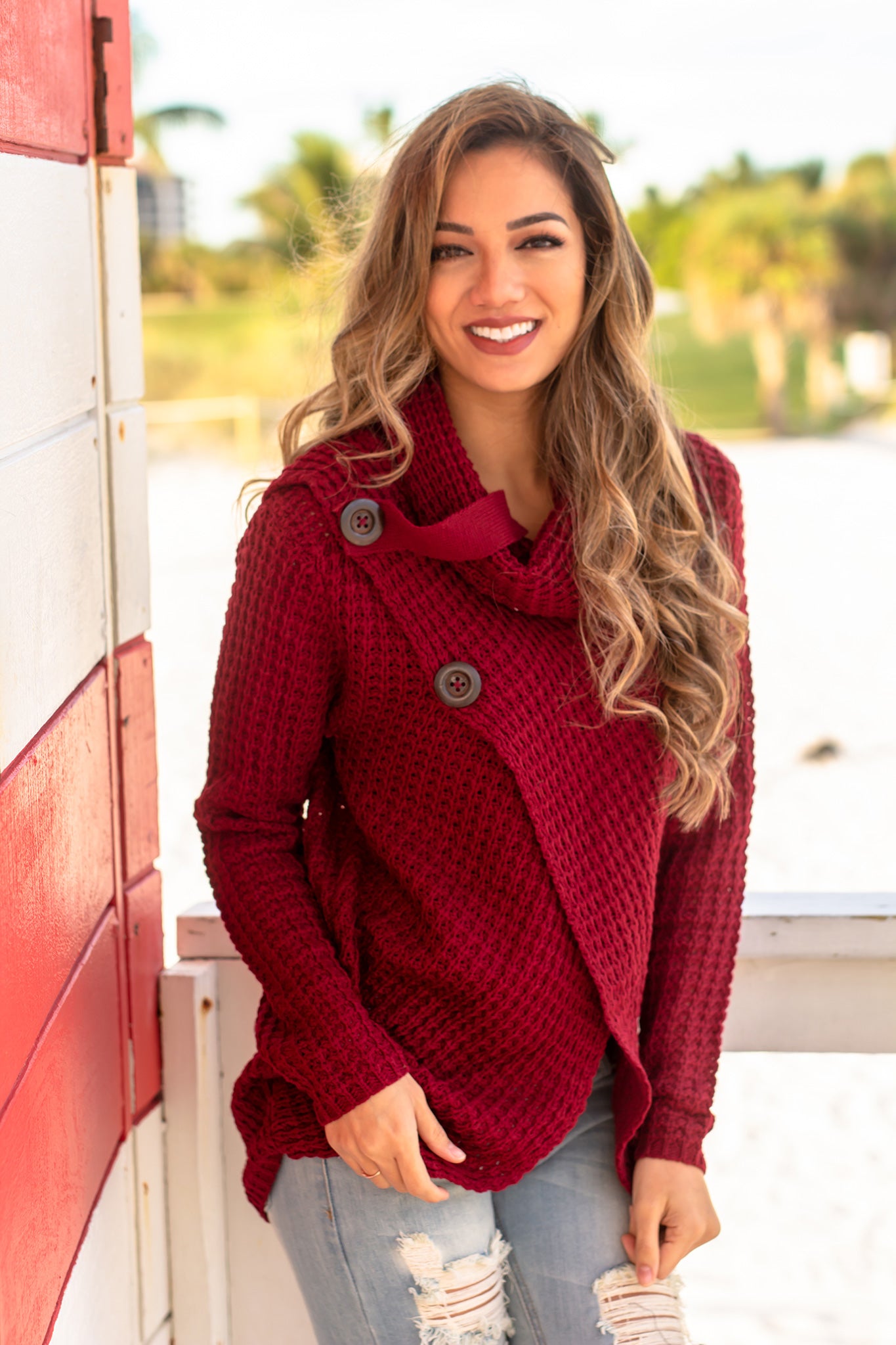 Stylish Burgundy Women's Cowl Neck Knitted Winter Sweater