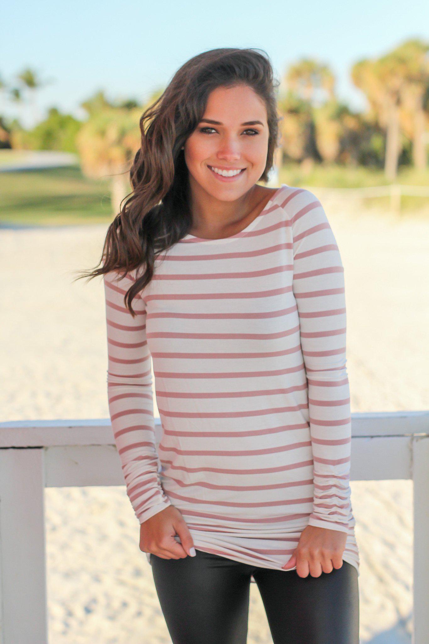Fashionable Mauve and White Striped Ruched Women's Tunic Top