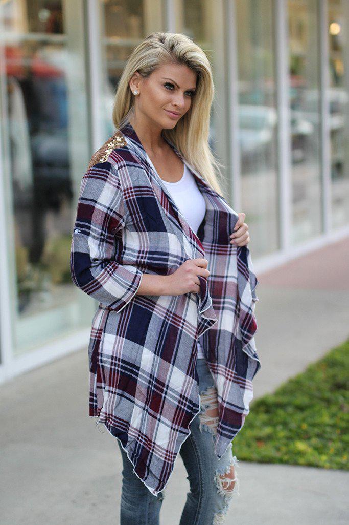 Stylish Burgundy Checkered Cardigan Featuring a Glittery Sequin Back for Fashion - Forward Wear