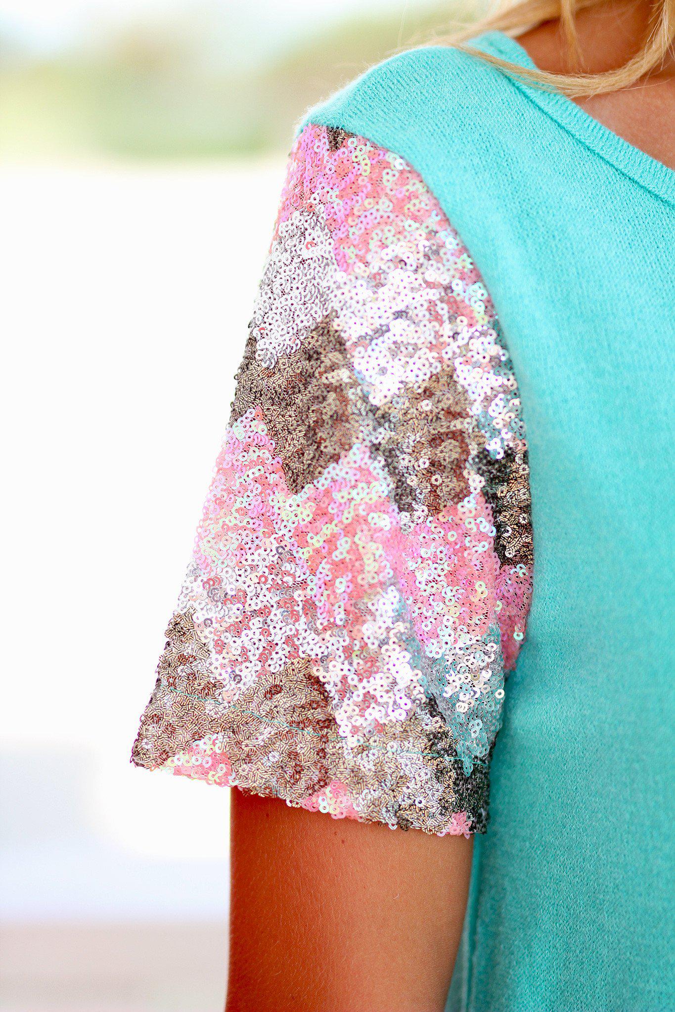 Sparkling Sequin - Sleeved Jade Fashion Top for Fashionistas