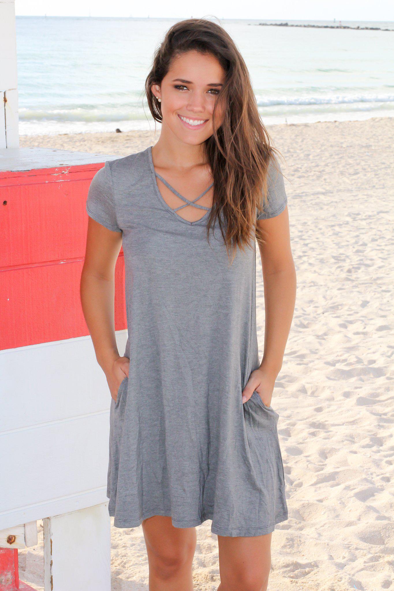 Stylish Charcoal Short Sleeve Criss Cross Short Dress for Women