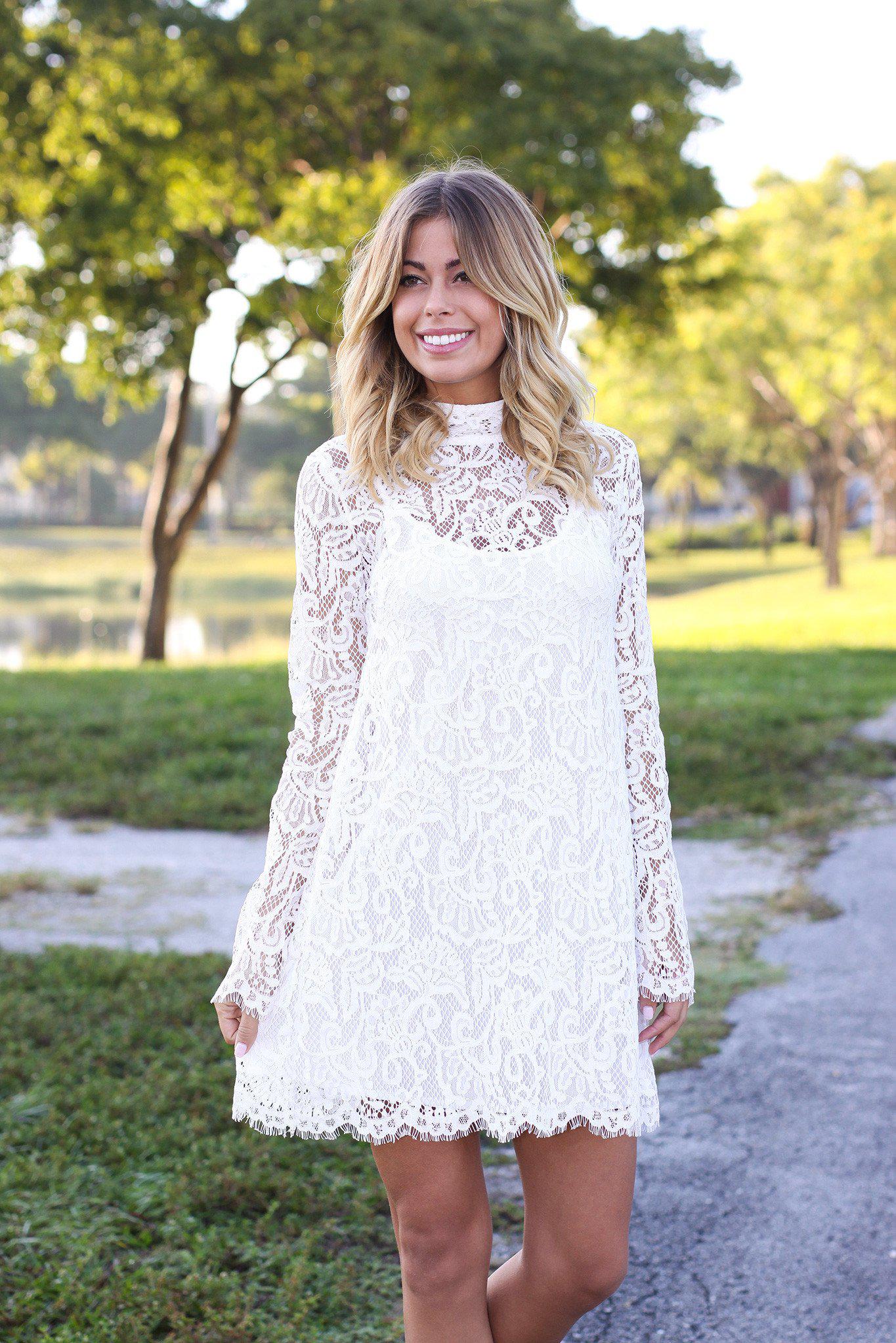 Elegant Ivory Short Lace Dress with Long Sleeves for Women