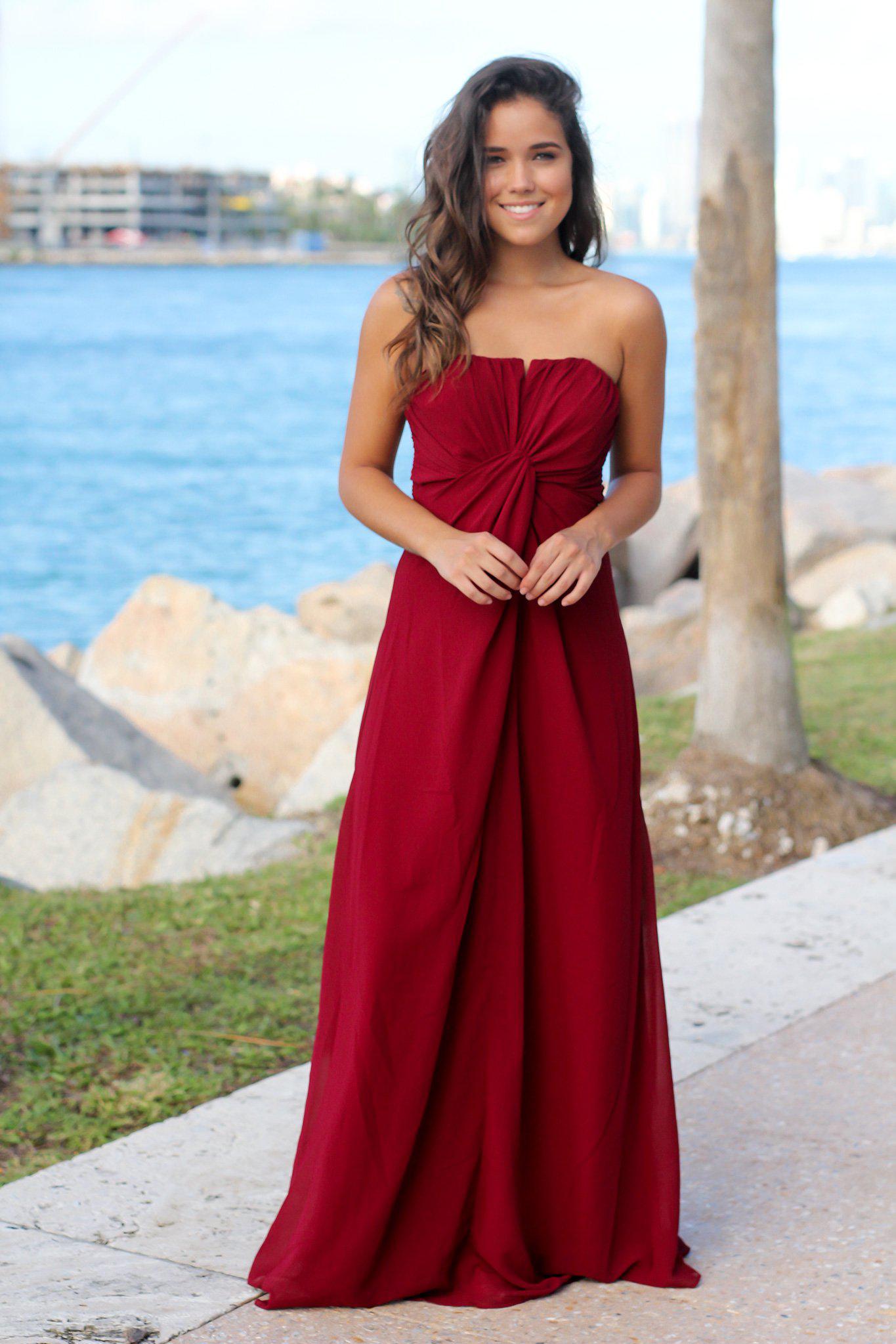 Gorgeous Burgundy Strapless Maxi Dress Featuring a Knot Detail