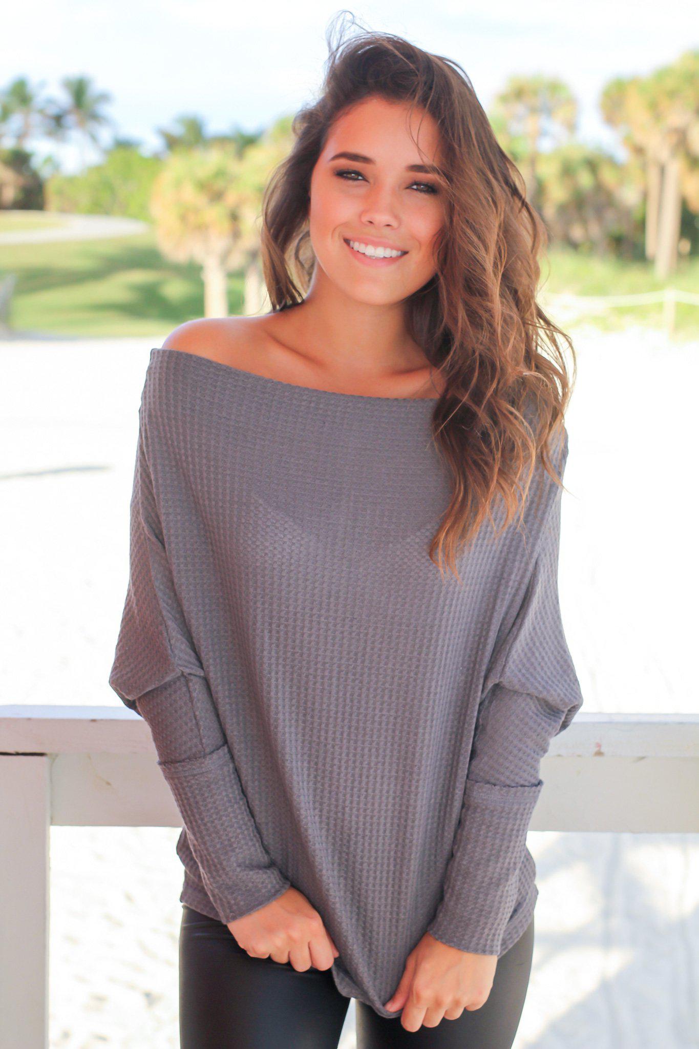Stylish Charcoal Off - Shoulder Long - Sleeved Knit Women's Top