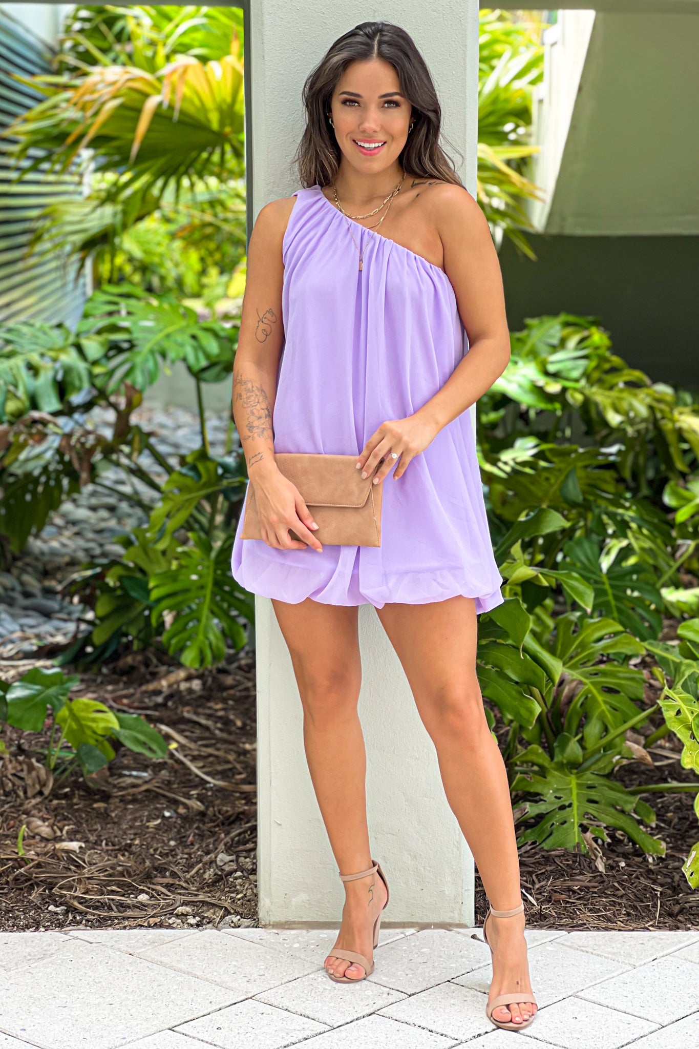 Charming Lilac Bubble One-Shoulder Women's Summer Dress
