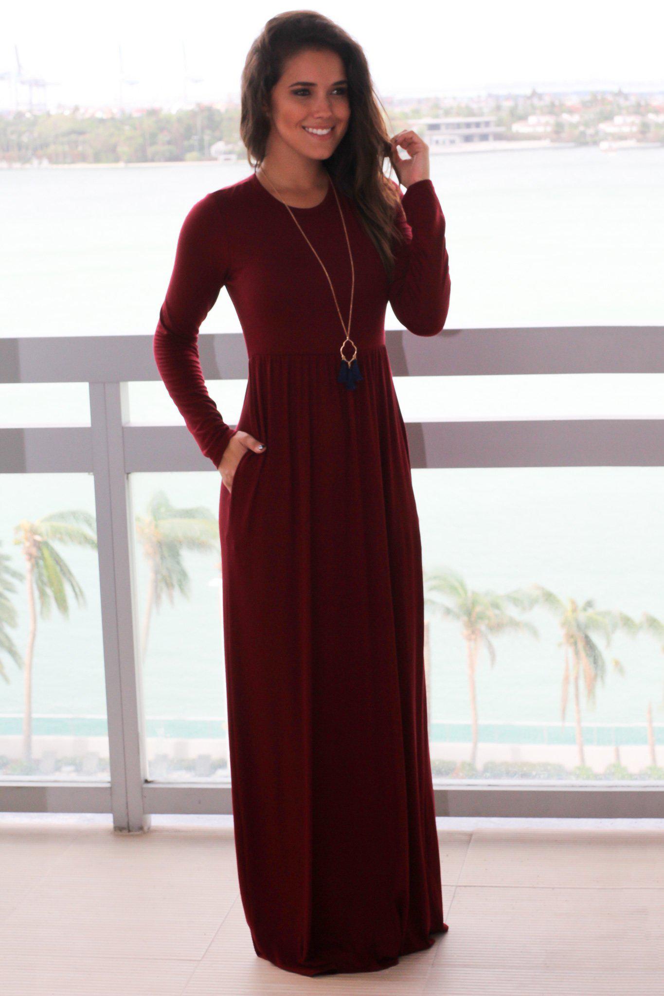 Stylish Burgundy Long - Sleeve Maxi Dress with Convenient Pockets