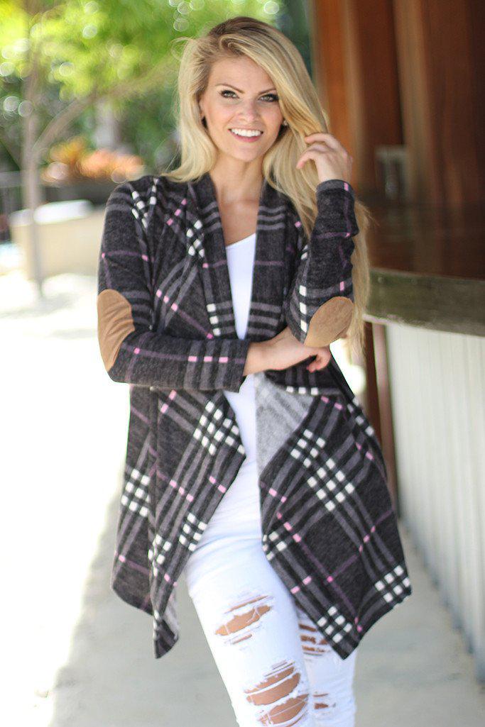 Stylish Charcoal Plaid Long - Sleeve Loose - Fit Open Cardigan
