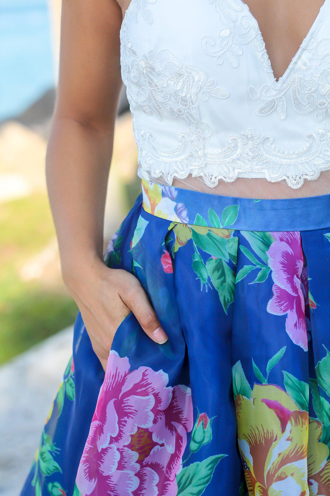 Gorgeous Ivory and Royal Blue Floral Long Maxi Formal Dress with Criss Cross Back Design