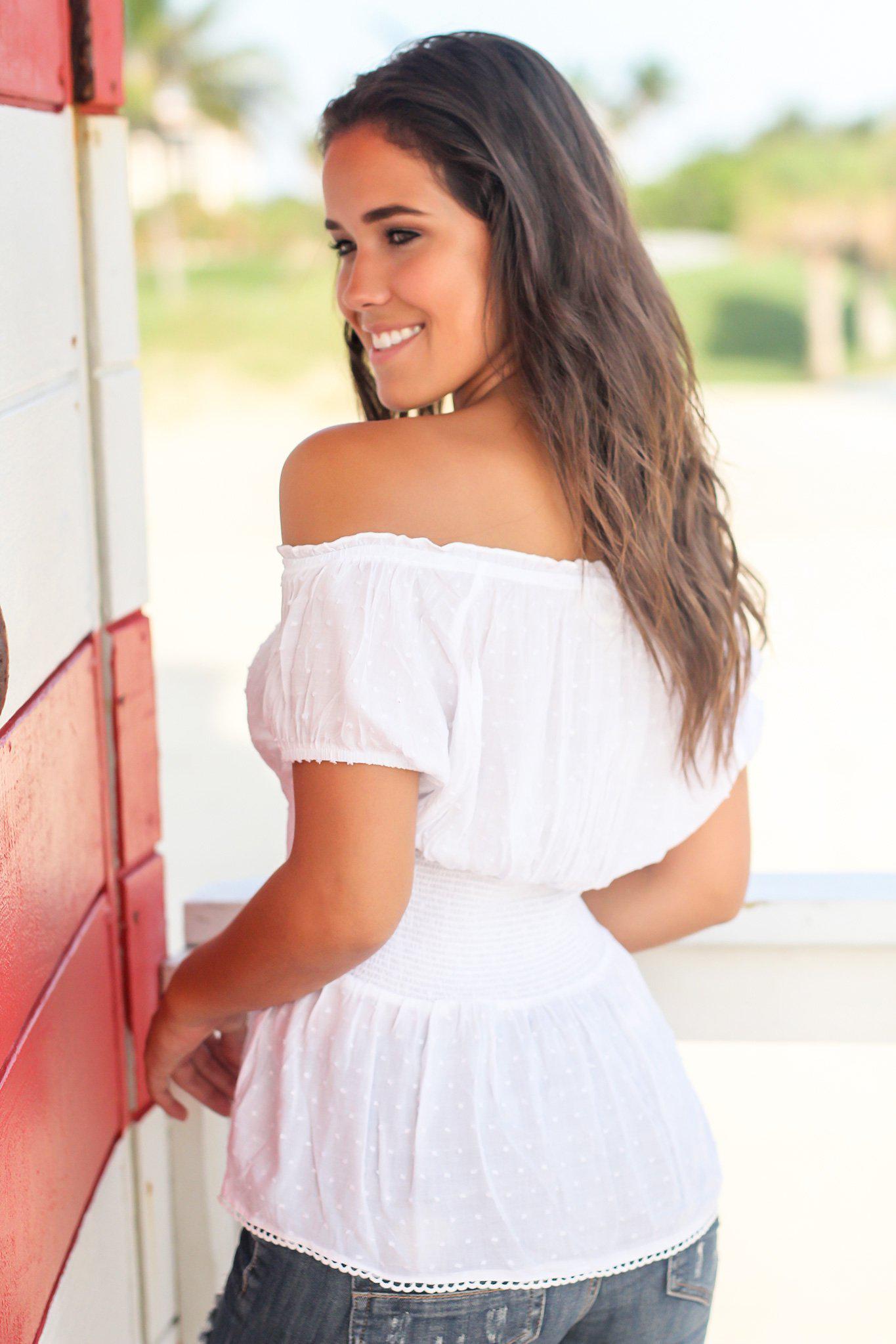 Charming Ivory Women's Off - Shoulder Crochet - Trimmed Rayon Top