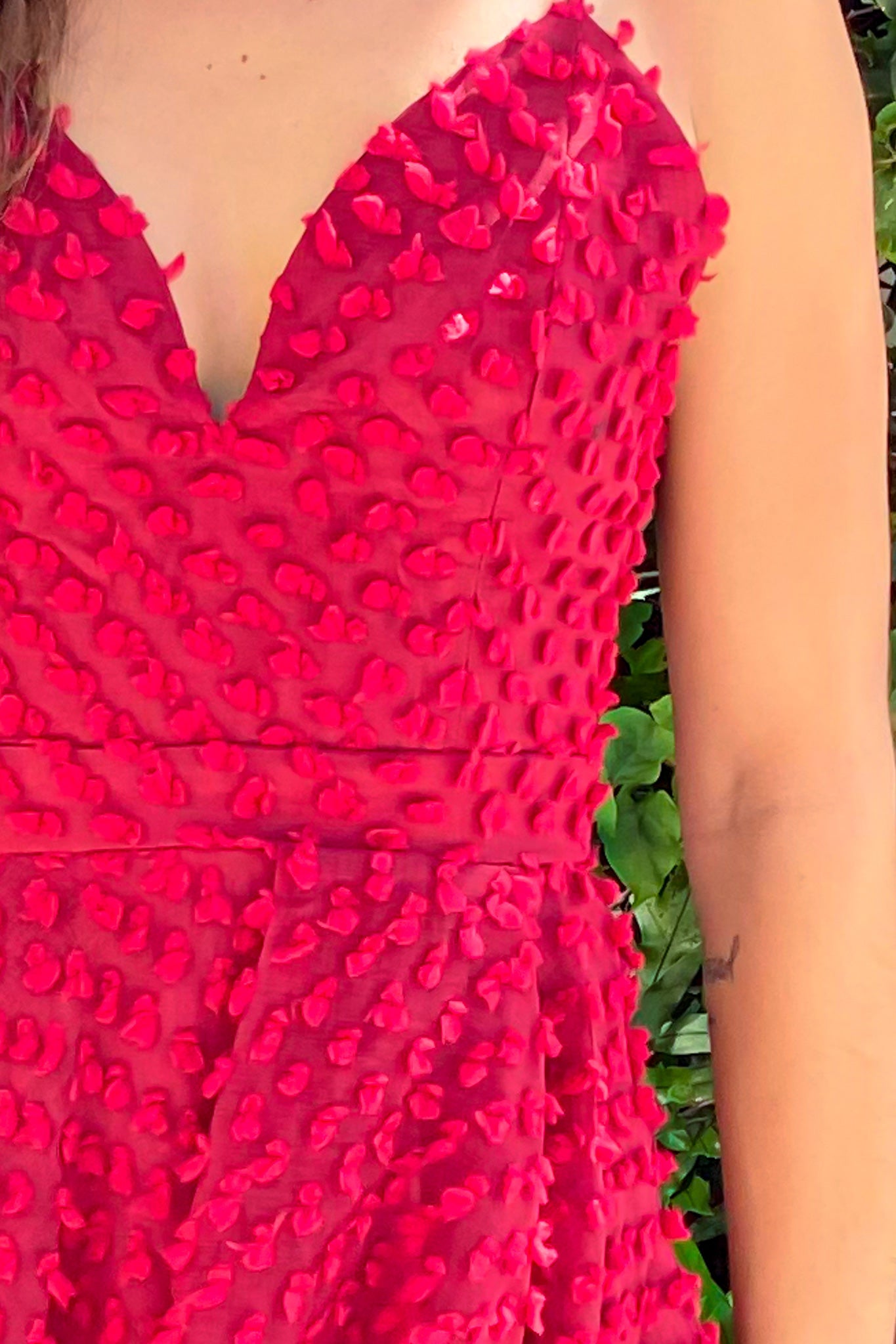 Stunning Burgundy High-Low Dress with Floral and Polka Dot Embellishments