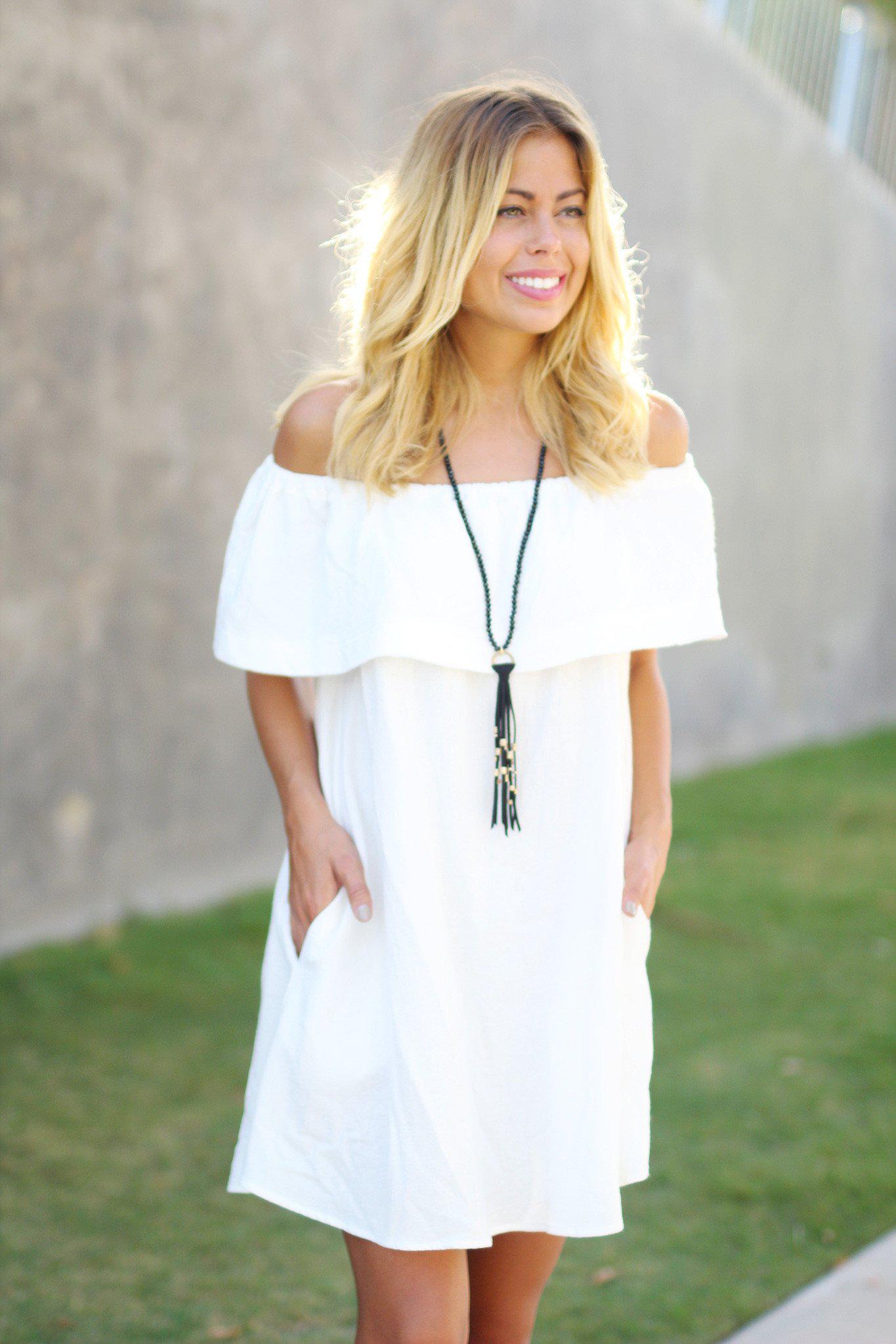 Stylish Ivory Off - Shoulder Ruffled Short Dress with Side Pockets