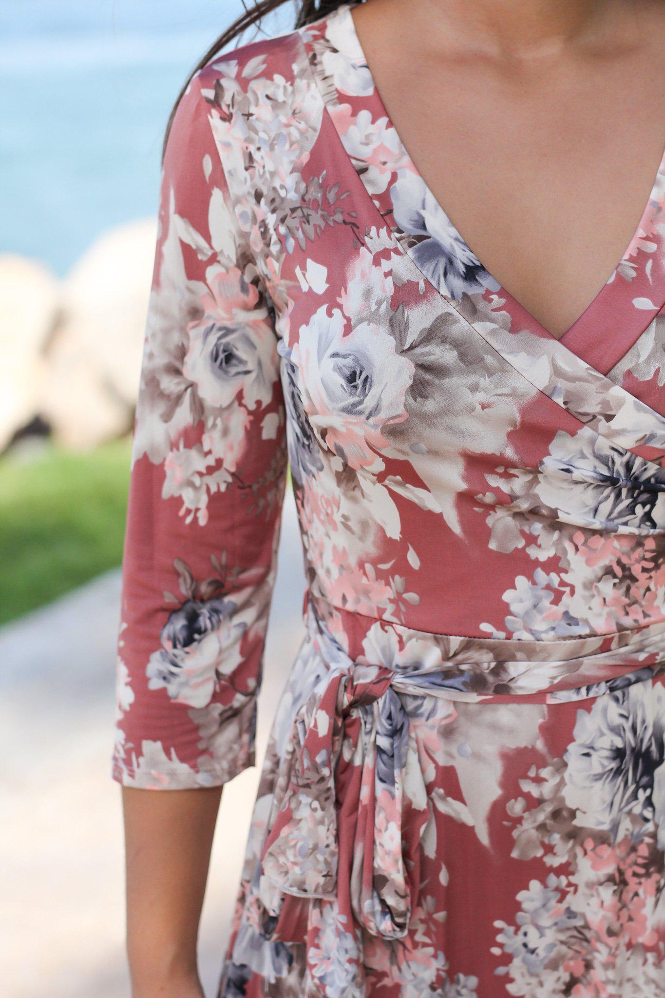 Gorgeous Mauve Floral Wrap Style Women's Maxi Dress