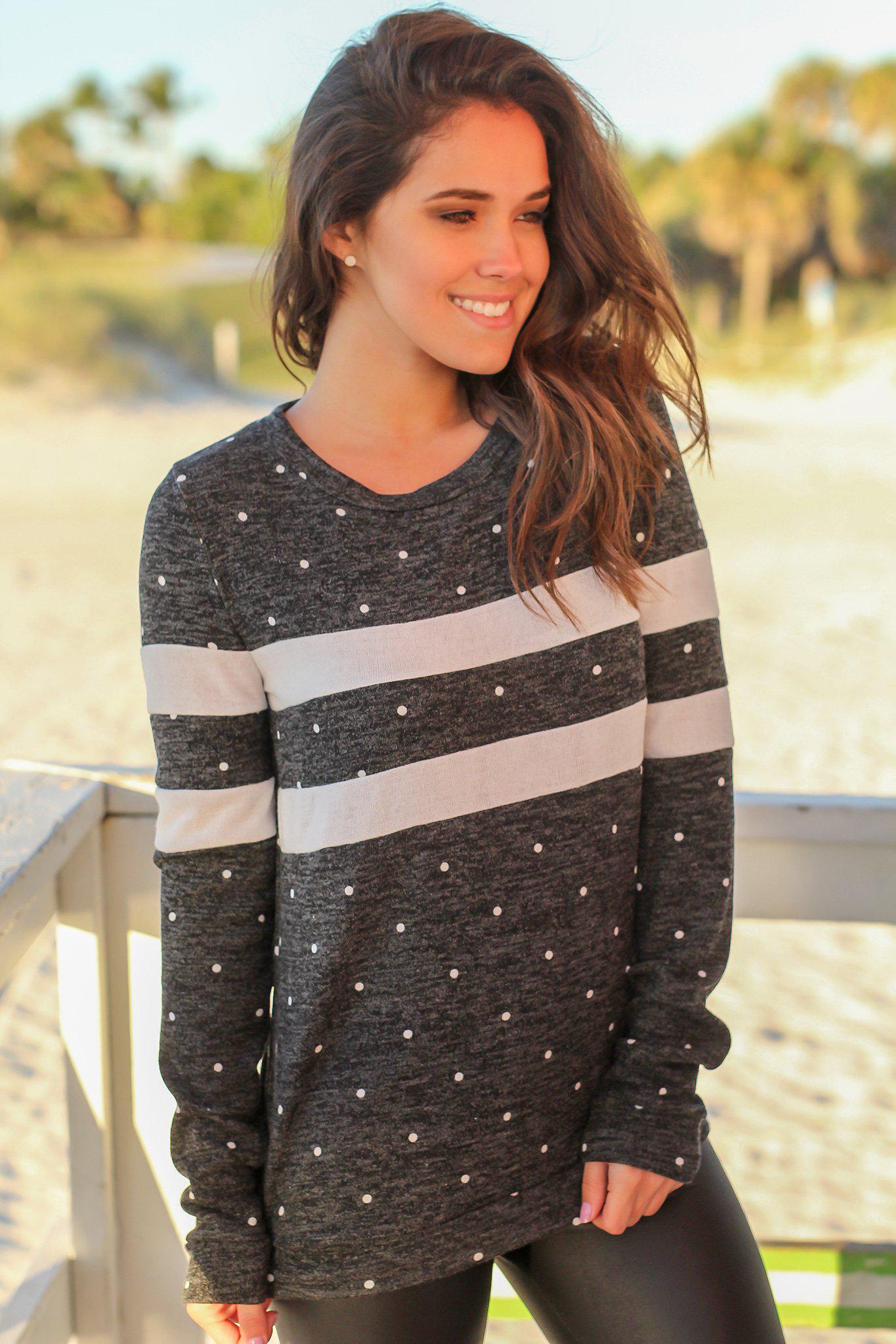 Stylish Charcoal and White Polka Dot Long - Sleeved Women's Top