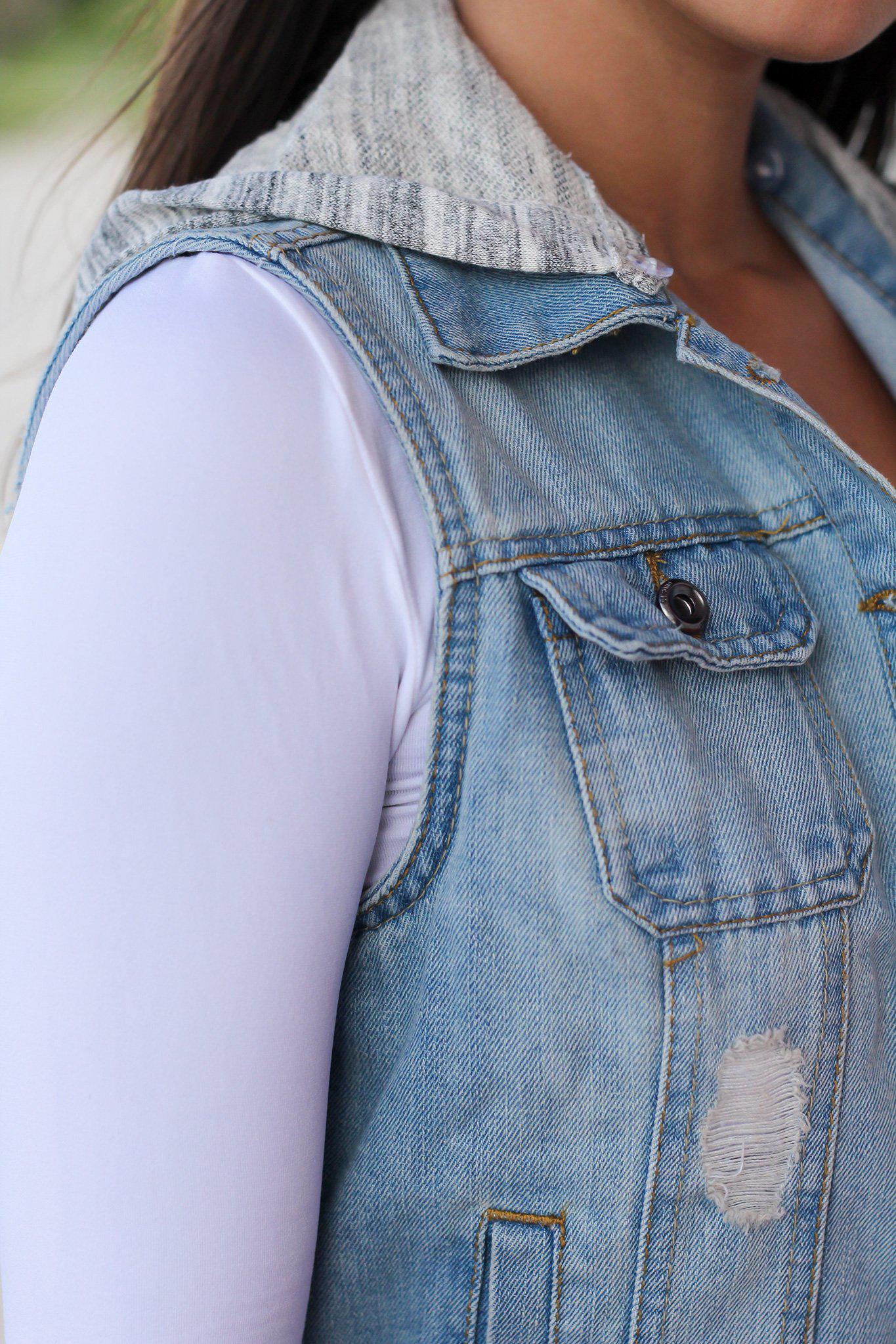 Fashionable Light Wash Denim Sleeveless Vest with Detachable Gray Sweatshirt Hood