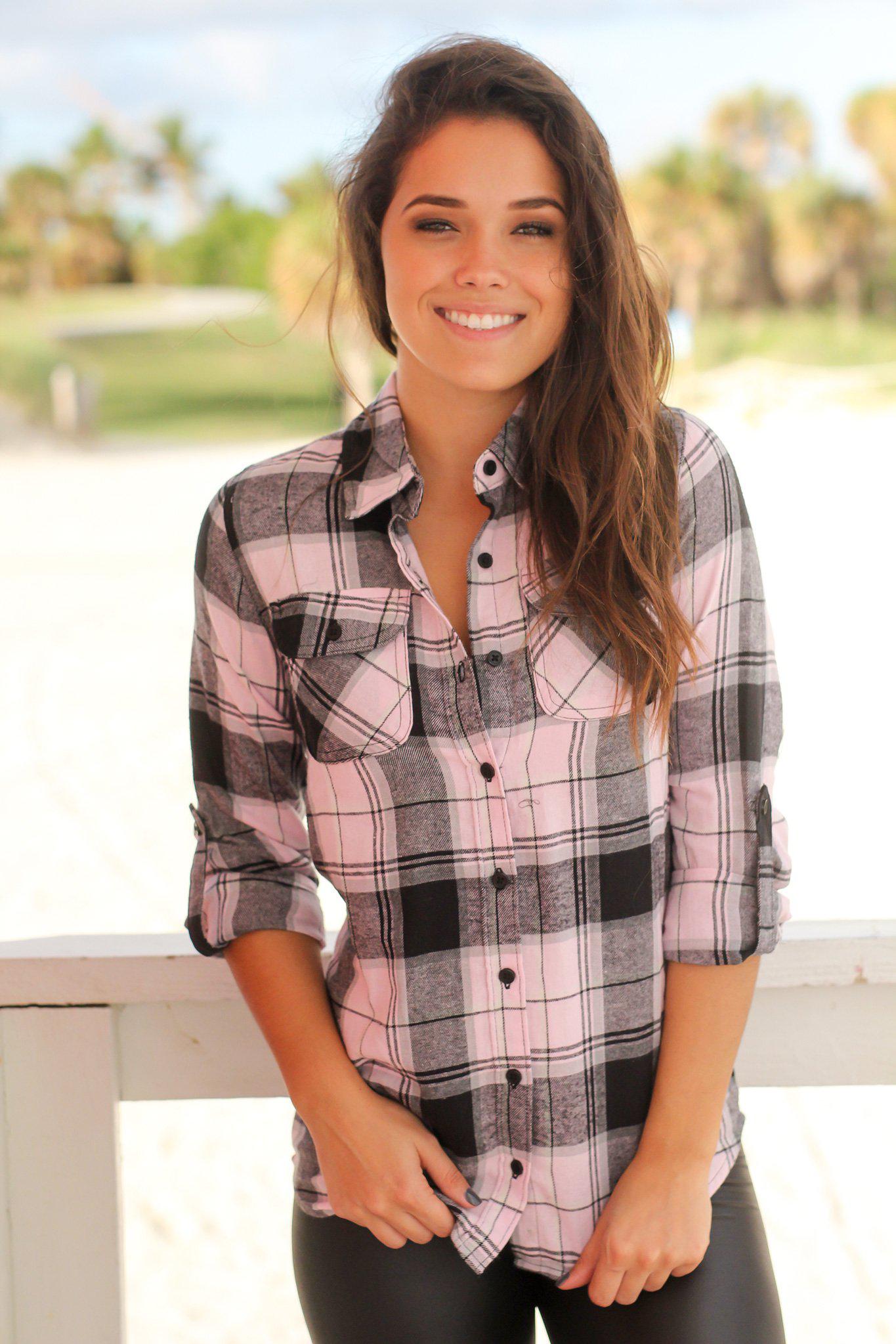 Stylish Light Pink Checkered Women's Cotton Top