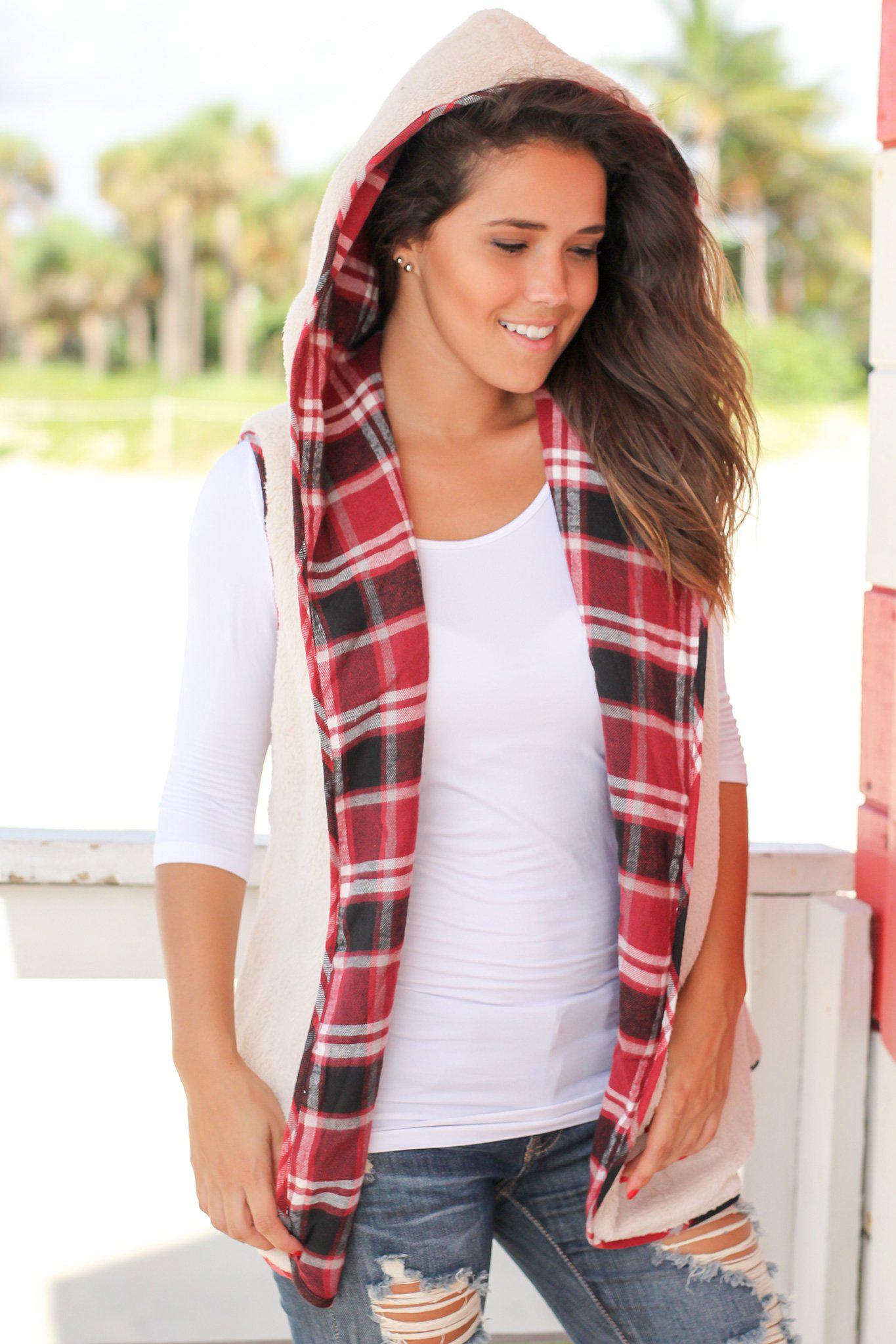 Stylish Burgundy Plaid and Faux Fur Reversible Winter Vest for Fall and Winter Fashion