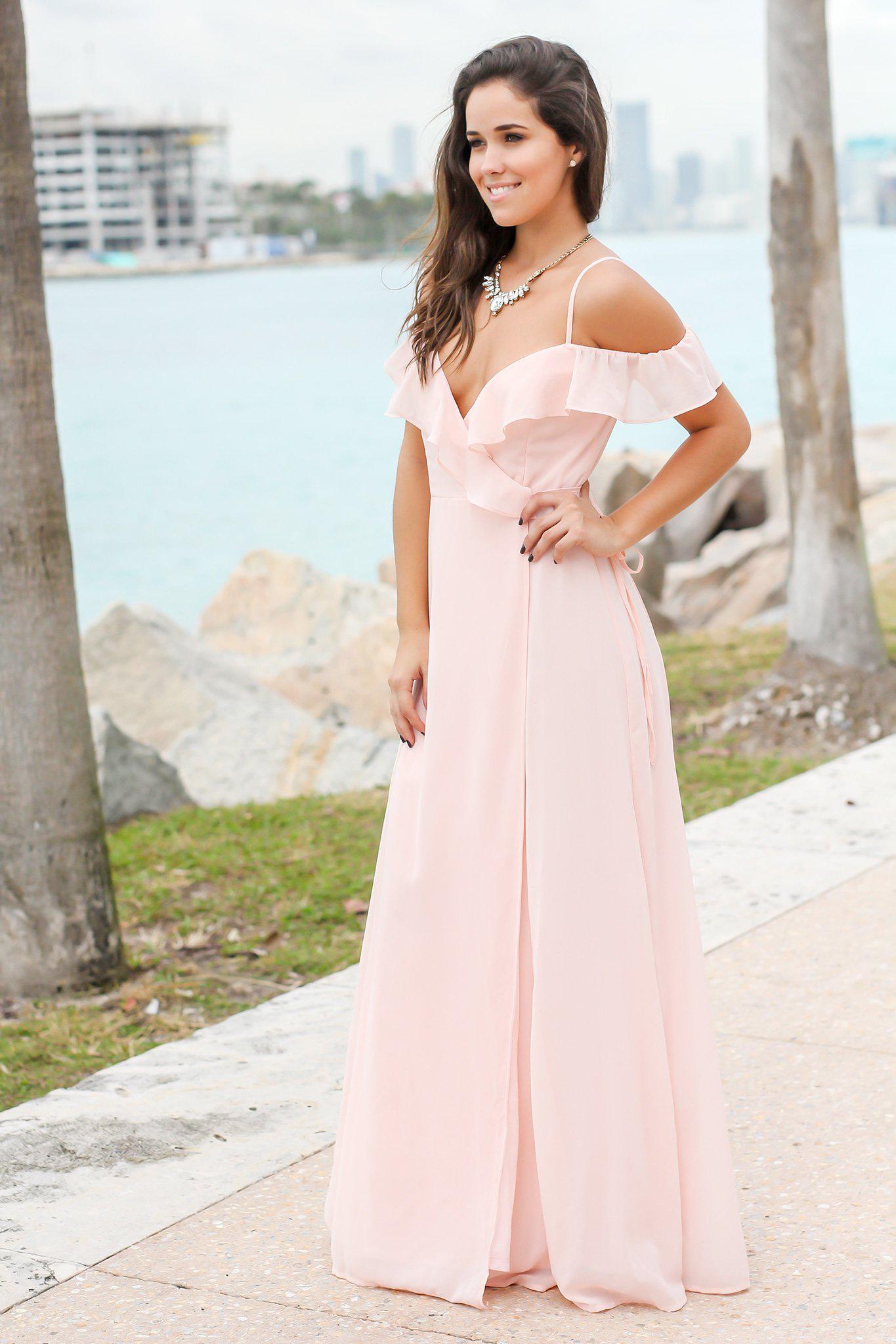 Gorgeous Blush-Colored Wrap Maxi Dress with a Stylish Ruffle Top for Women
