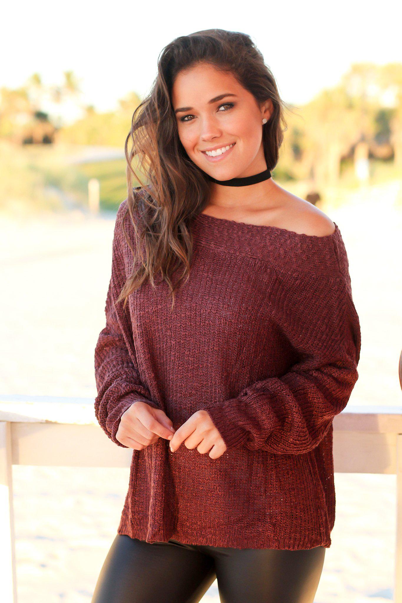 Stylish Maroon Knitted Women's Top Featuring a Draped Neckline