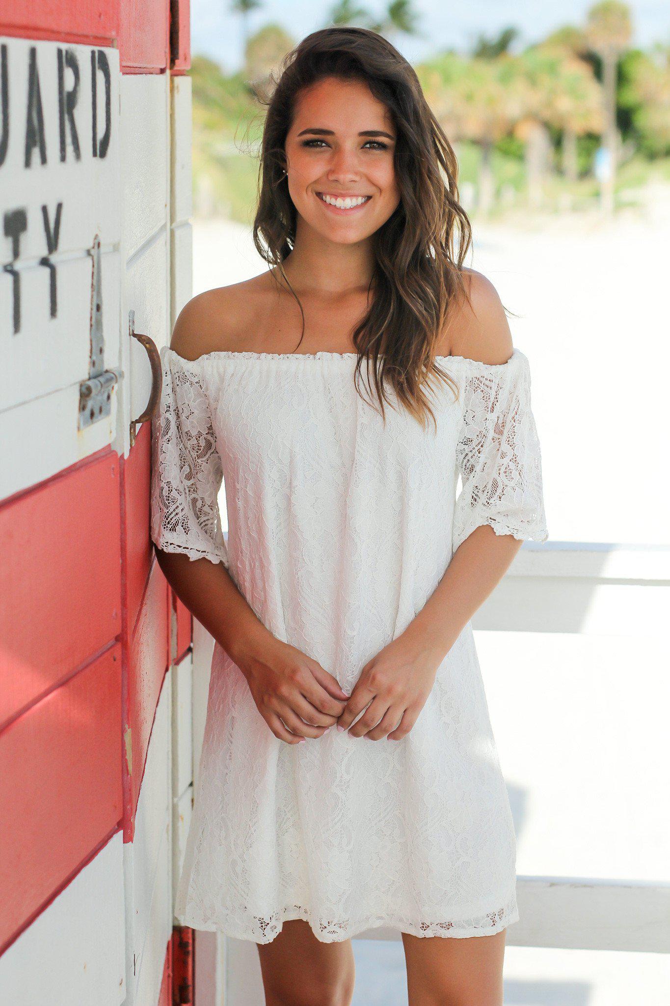 Adorable Ivory Off-Shoulder Short Lace Dress for Summer