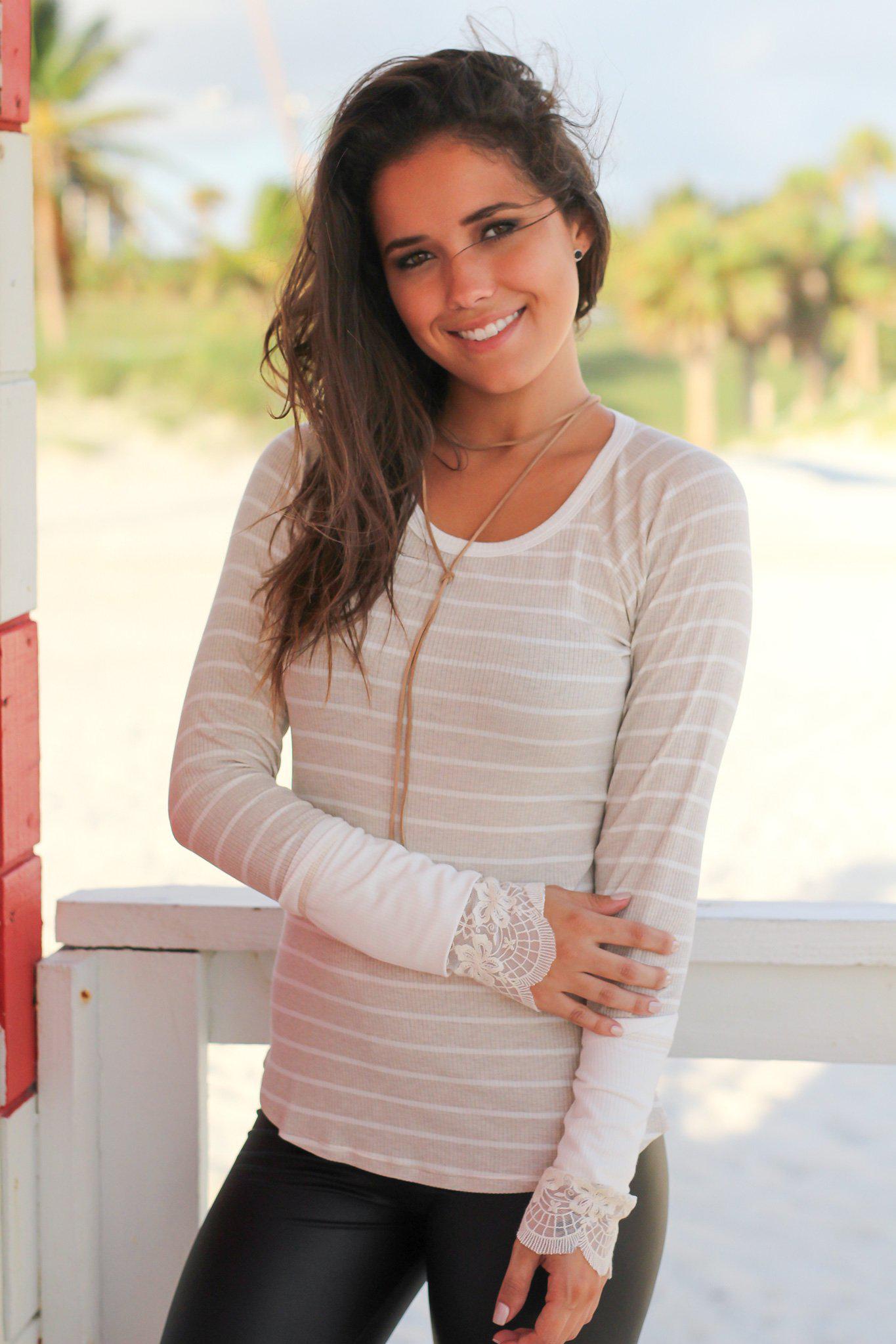 Ladies' Ivory and Taupe Horizontal Striped Fashionable Blouse with Elegant Lace Sleeve Trim
