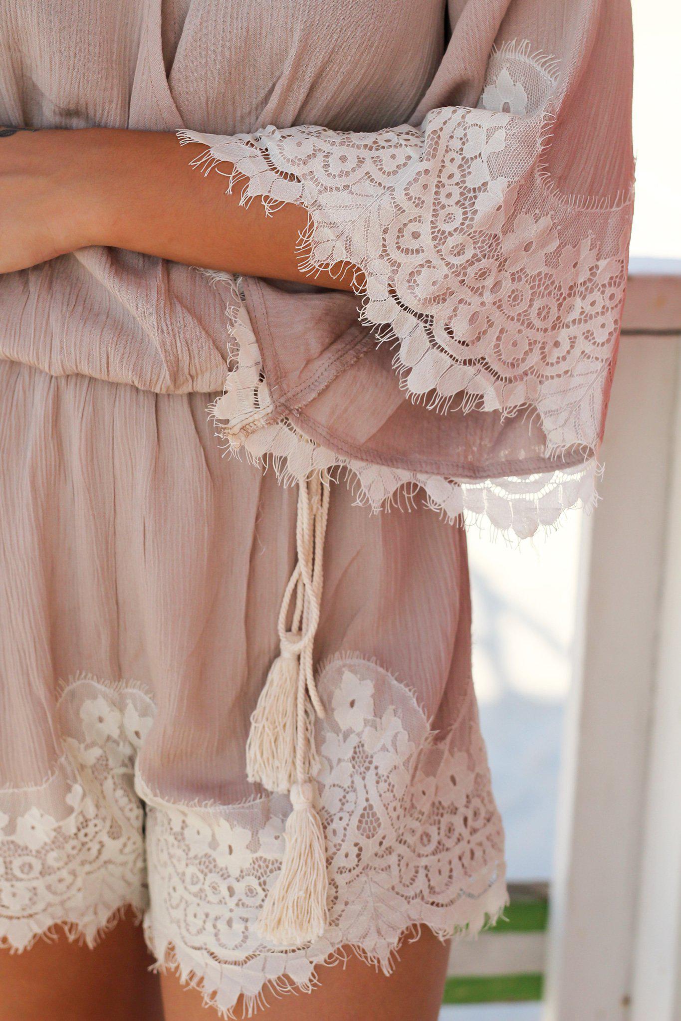 Stylish Ivory and Latte Lace Detail Romper with Tie Waist