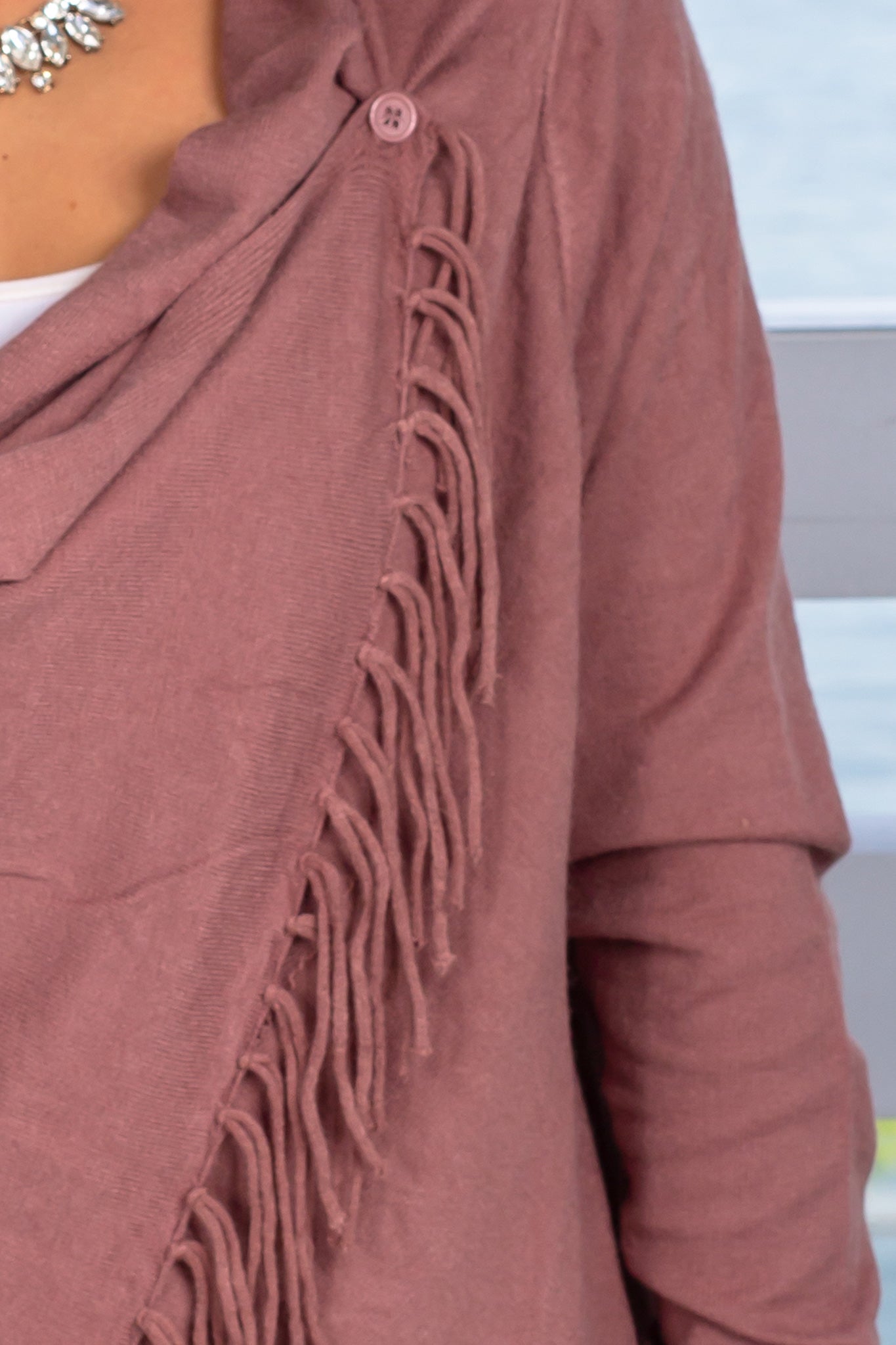 Stylish Mauve Fringe-Trimmed Open-Front Cardigan for All Occasions
