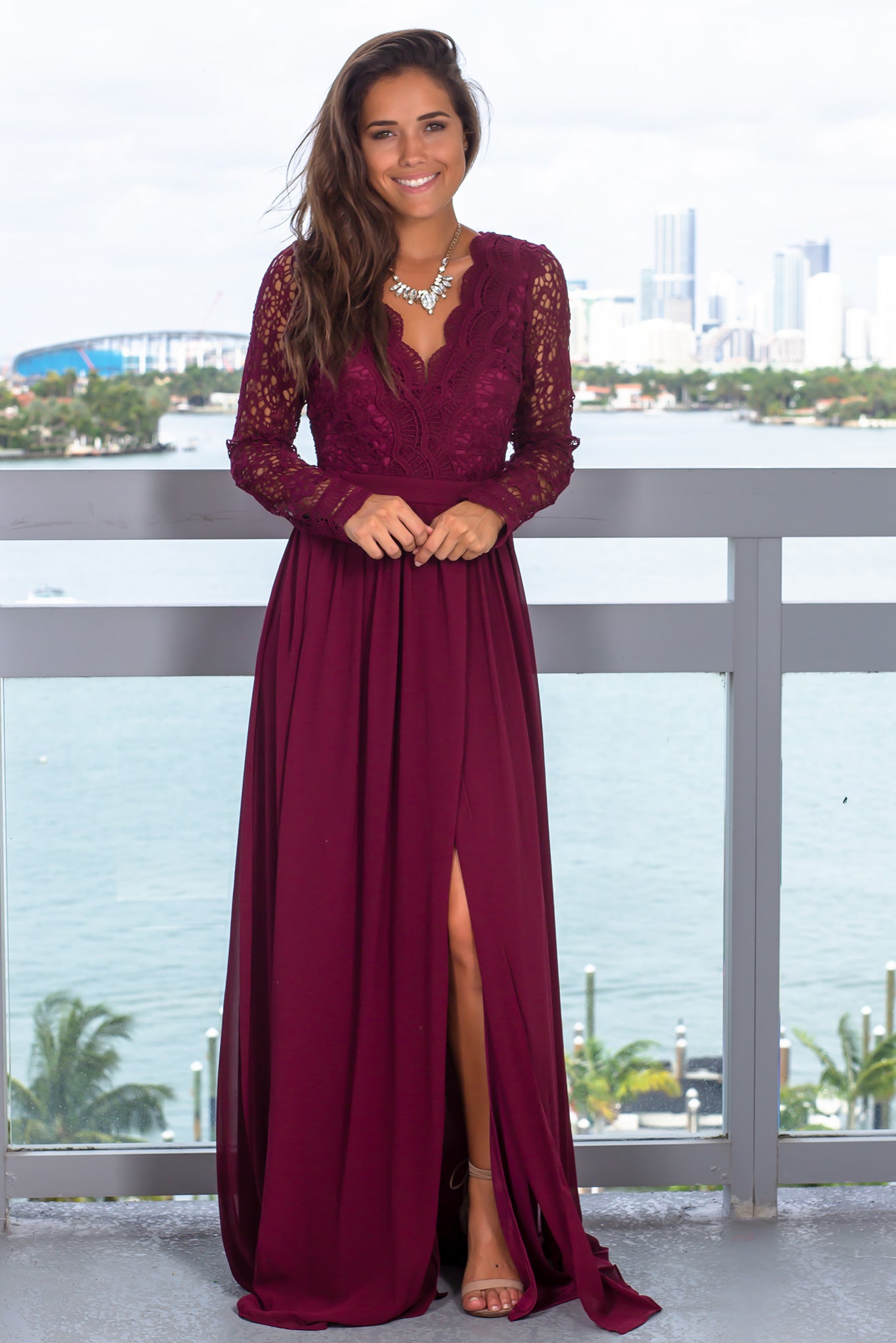 Stunning Burgundy Long - Sleeved Crochet Maxi Dress for Formal Events