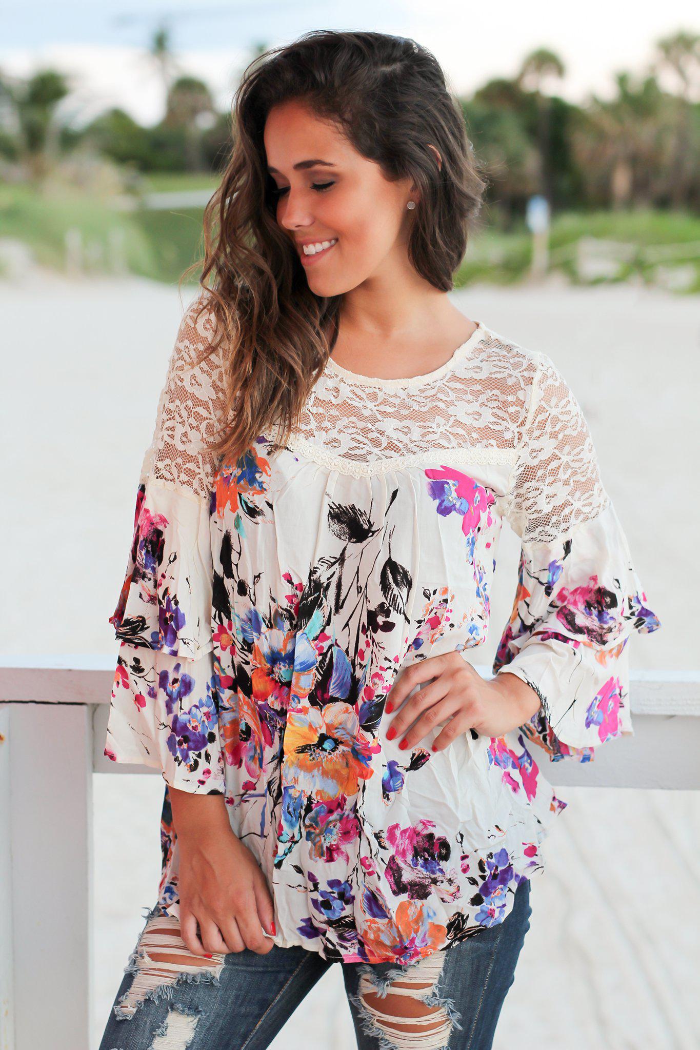 Stylish Ivory Bell - Sleeved Floral Lace Women's Top