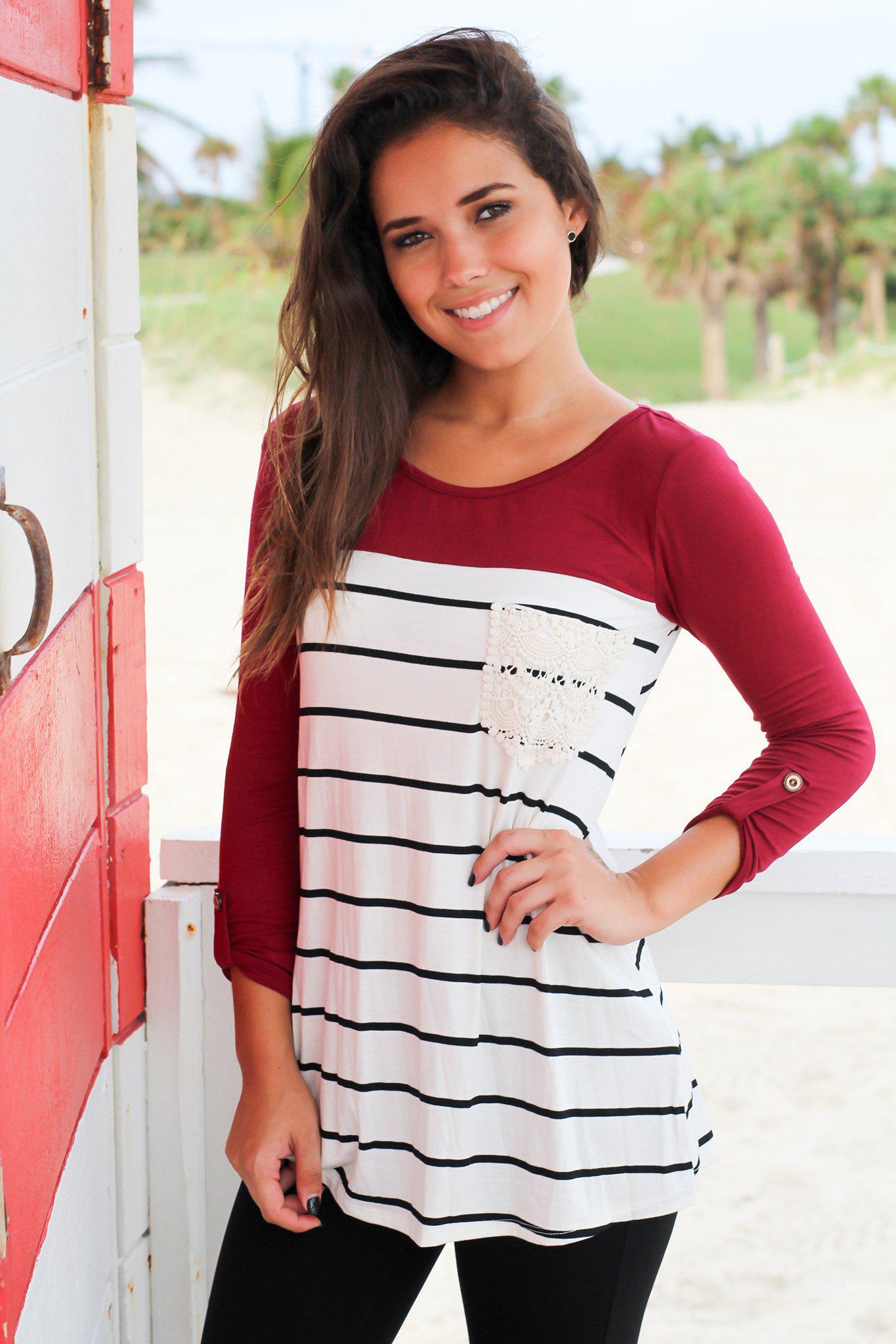 Stylish Women's Burgundy Striped Top Featuring a Crochet Pocket