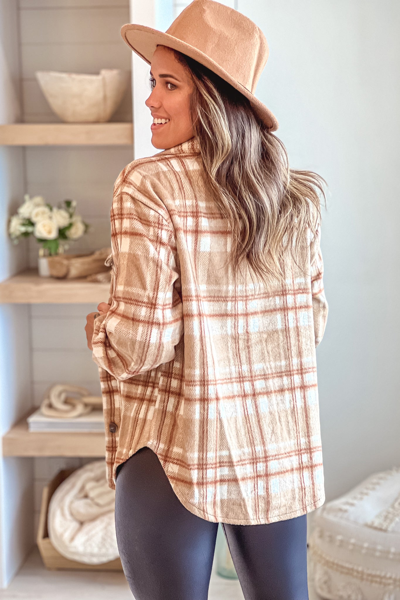 Adorable Camel-Colored Plaid Oversized Shacket for Winter