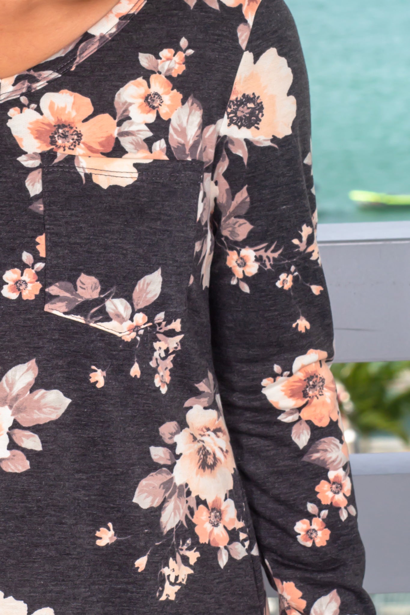 Stylish Charcoal Floral Long-Sleeved V-Neck Top with Front Pocket