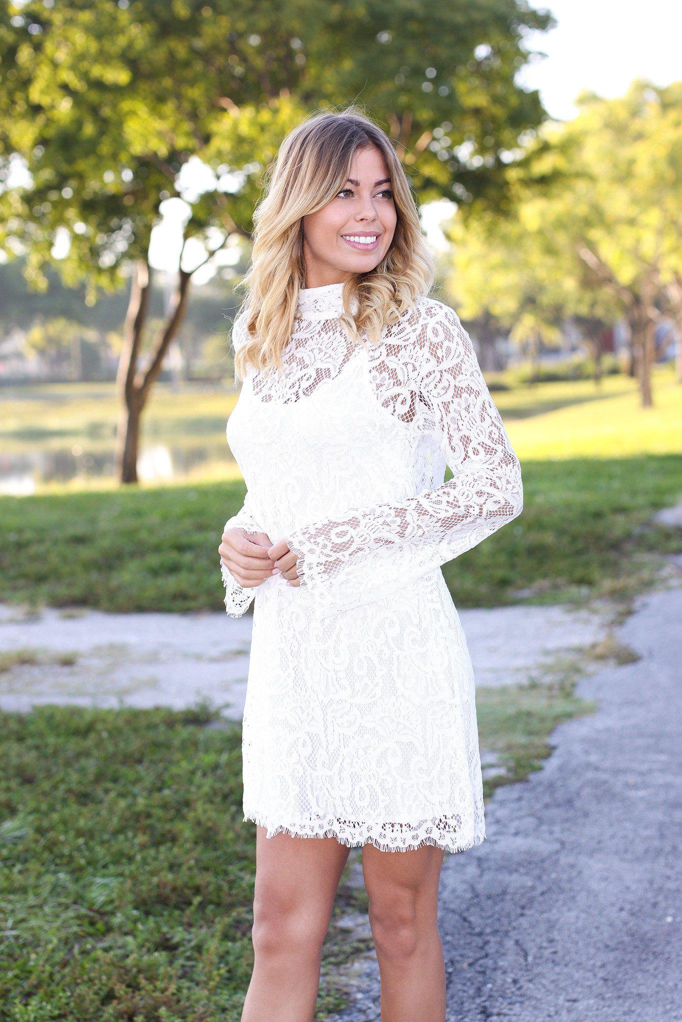 Elegant Ivory Short Lace Dress with Long Sleeves for Women