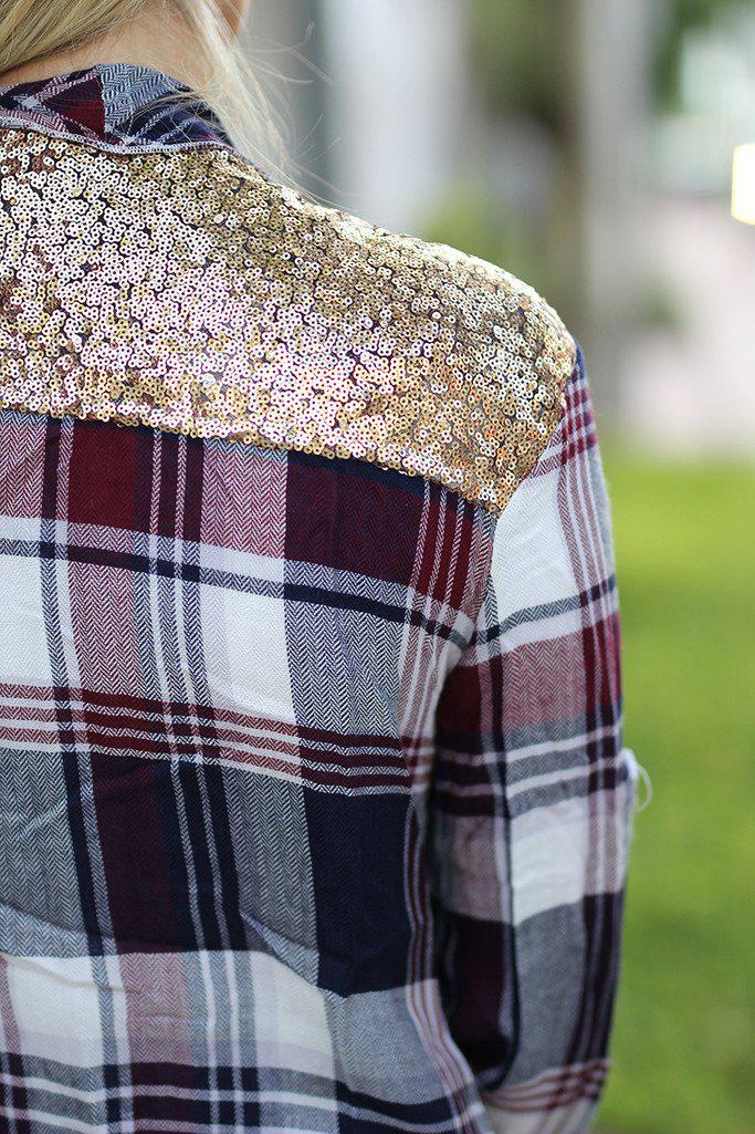Stylish Burgundy Checkered Cardigan Featuring a Glittery Sequin Back for Fashion - Forward Wear