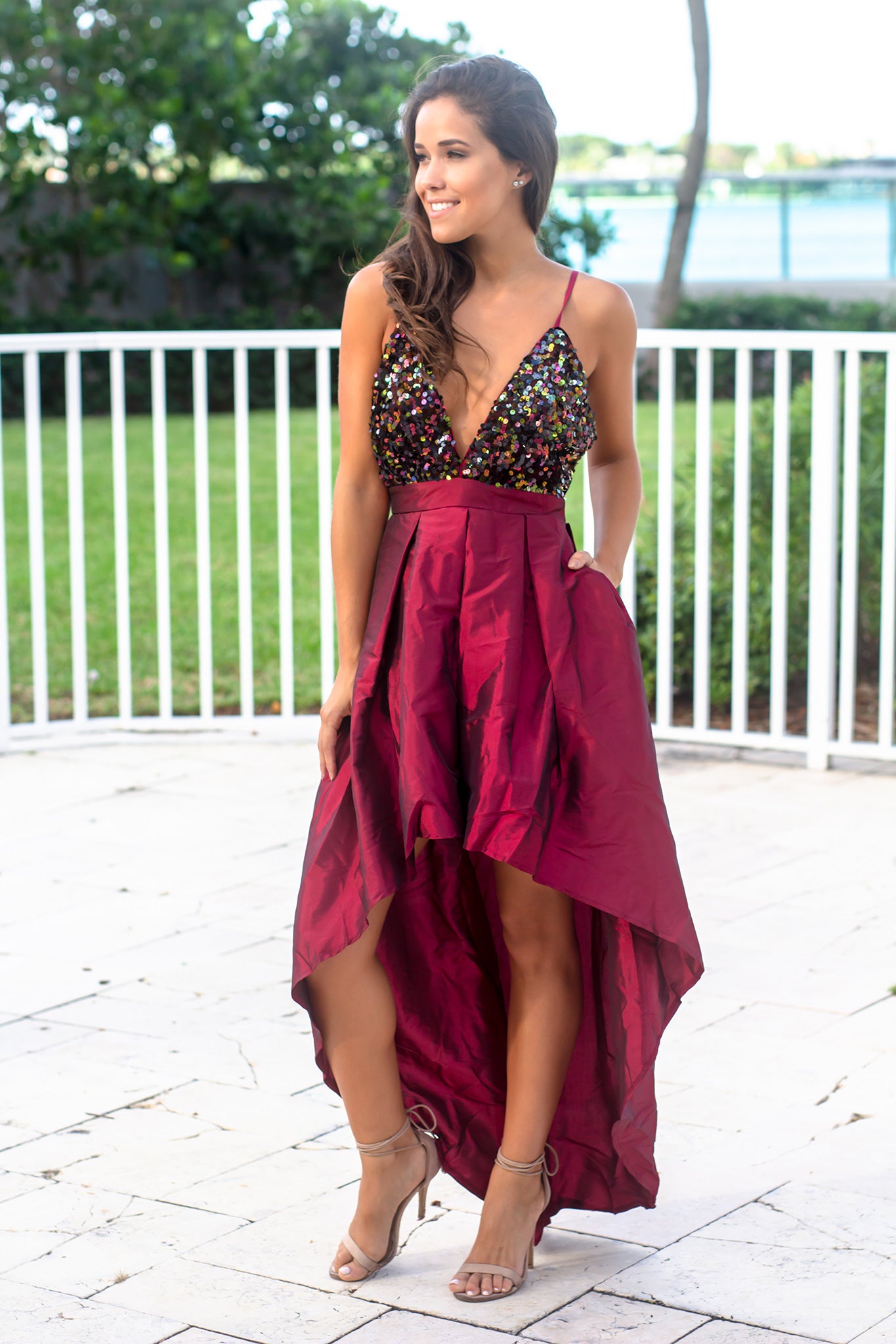 Gorgeous Burgundy Sequin Top High Low Women's Evening Dress with Functional Pockets